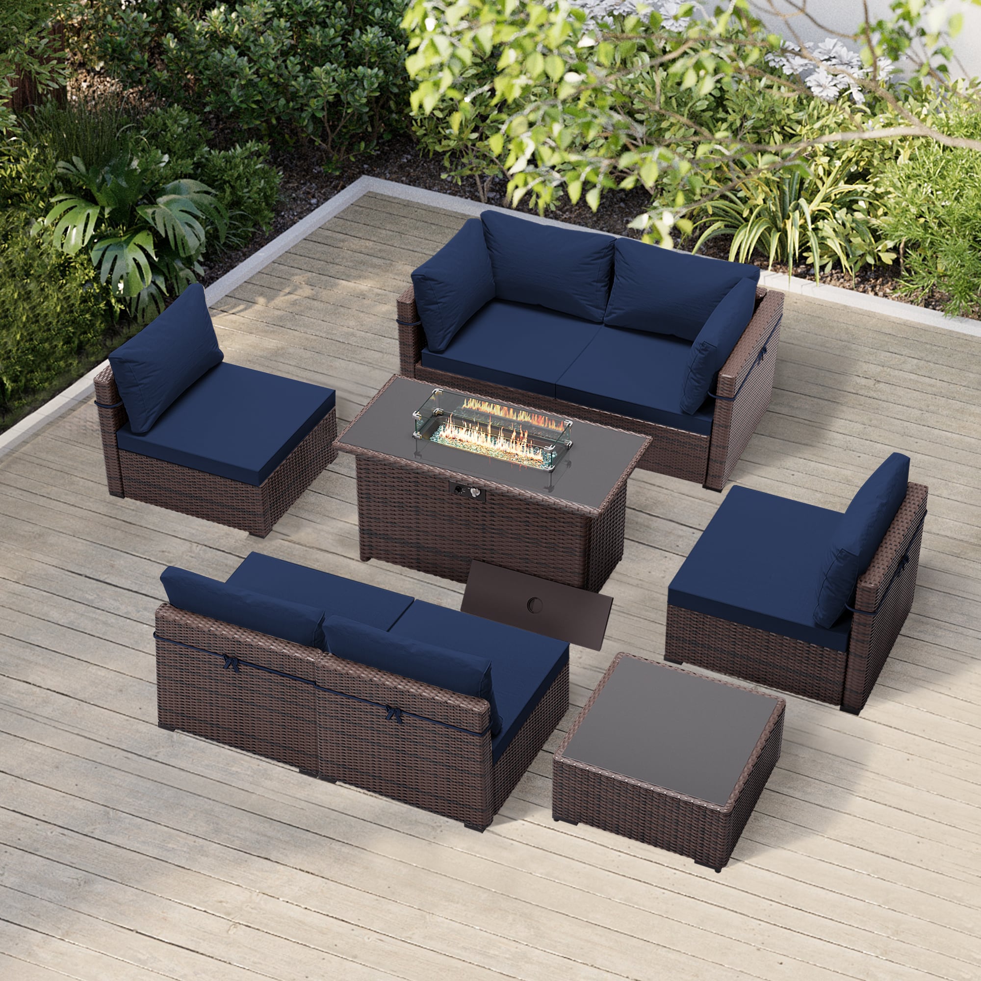Patio Watcher TBBR-ABC43-NAVYBLUE 8-Piece Rattan Patio Conversation Set with Blue Cushions