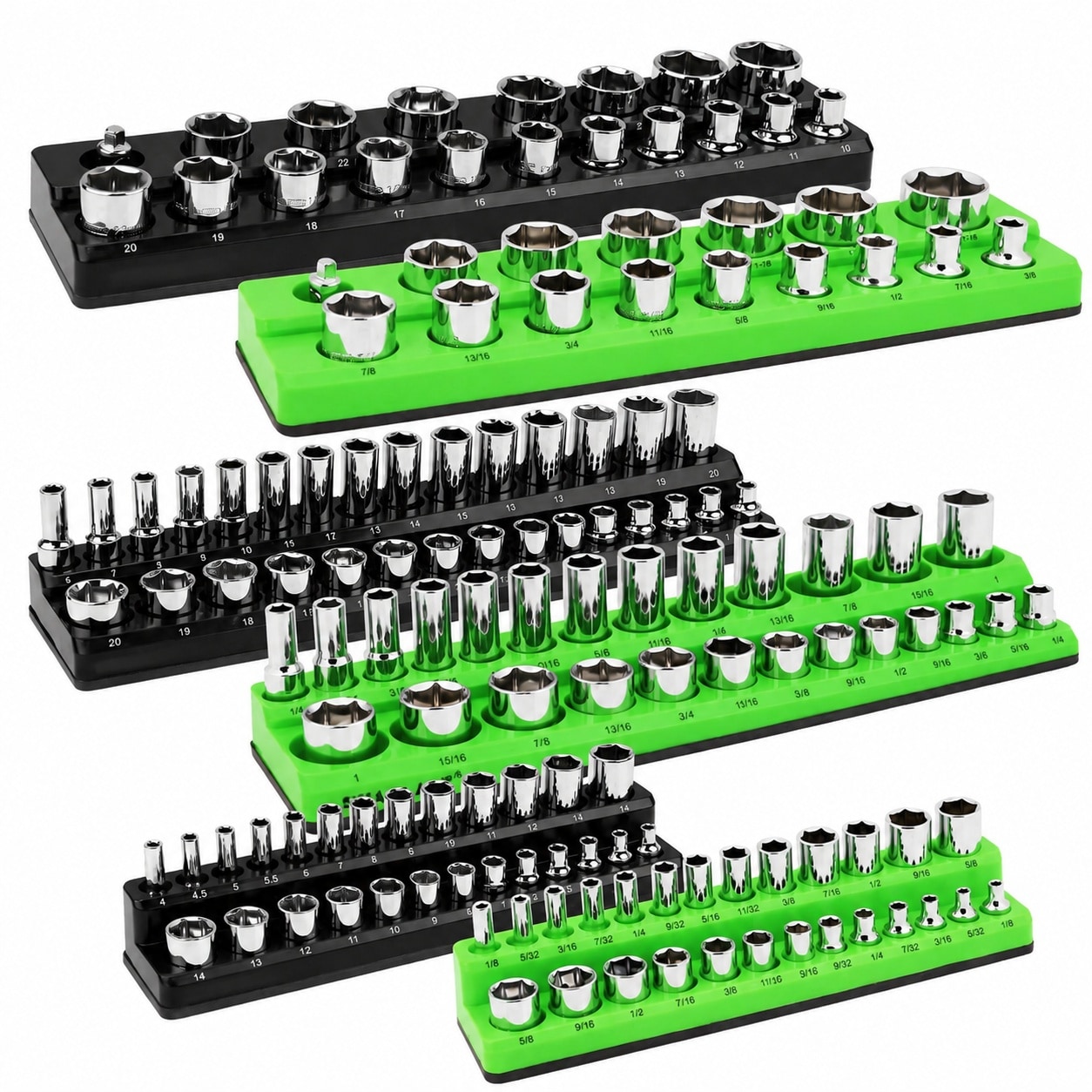 SenQWFa  Magnetic Socket Organizer Set 6-piece 1/4 in 3/8 in 1/2 in SAE and Metric Sockets Holder Drive Socket Trays Storage Tool Box Holding 143