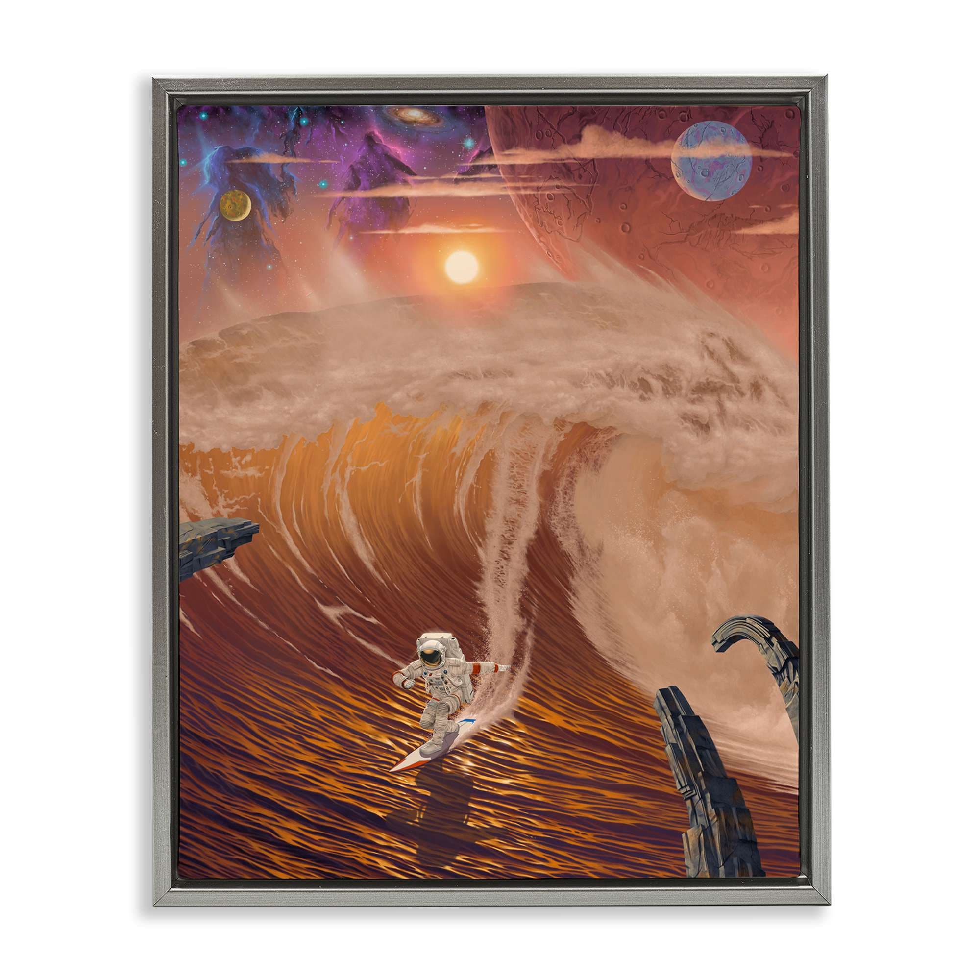 Stupell Industries BV-767-FFL-16X20 Astronaut Riding The Wave Gray Floating Frame Canvas Art 17 x 21