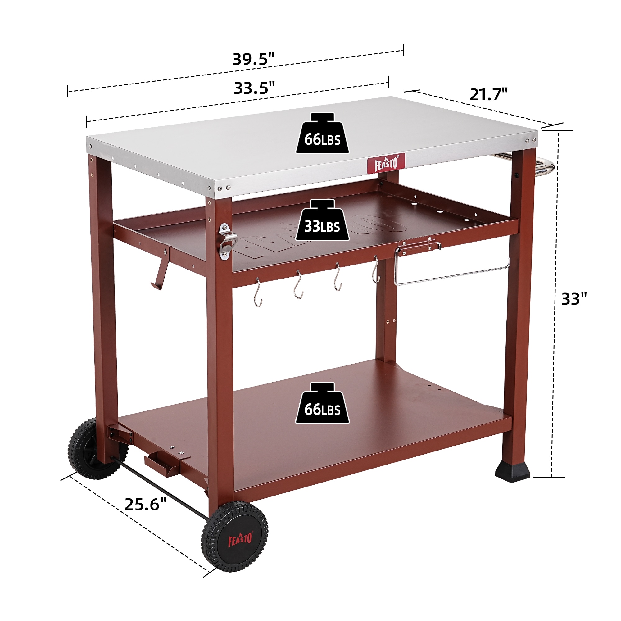 Three-Shelf Red and Stainless Steel Outdoor Grill Cart
