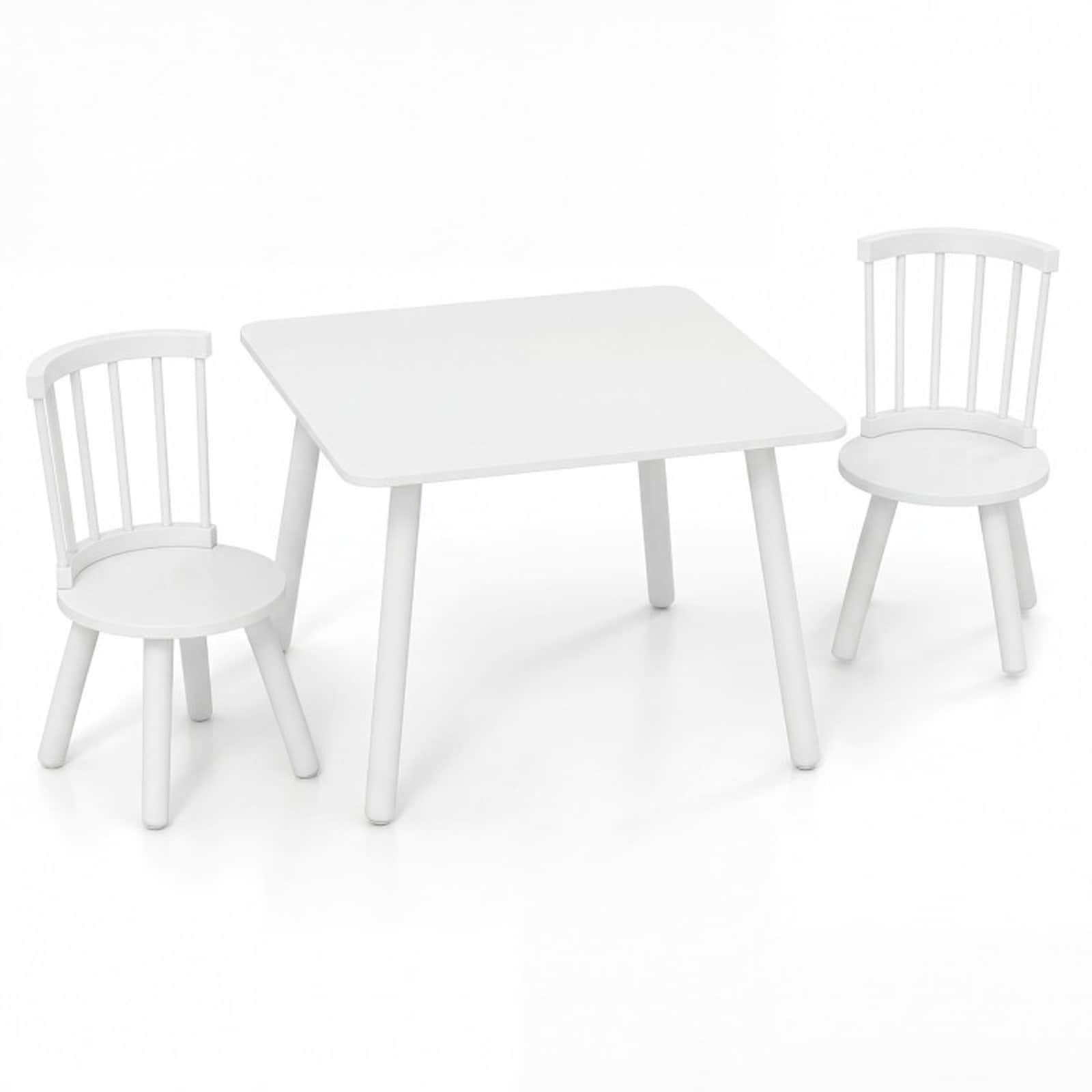 SUGIFT 23.5 x 23.5 x 17-in Kids Wooden Table and Chair Set 3-Piece Toddler Furniture with Solid Pine Wood Frame and 2 Curved Backrest Chairs Anti-Slip Foot Pads 155-lb Tabletop Capacity MDF White Play Table for Learning Drawing and Eating Ages 3 and Up