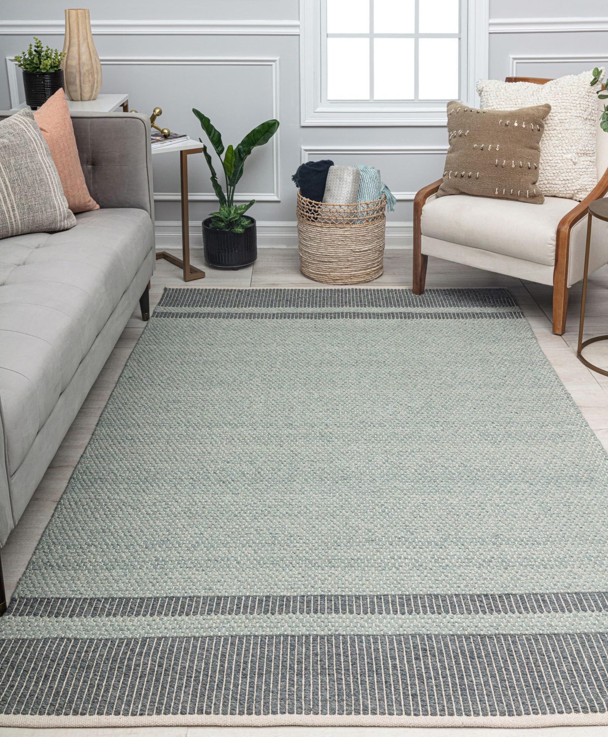 Green and Gray Wool Flat Woven 5' x 7' Striped Area Rug