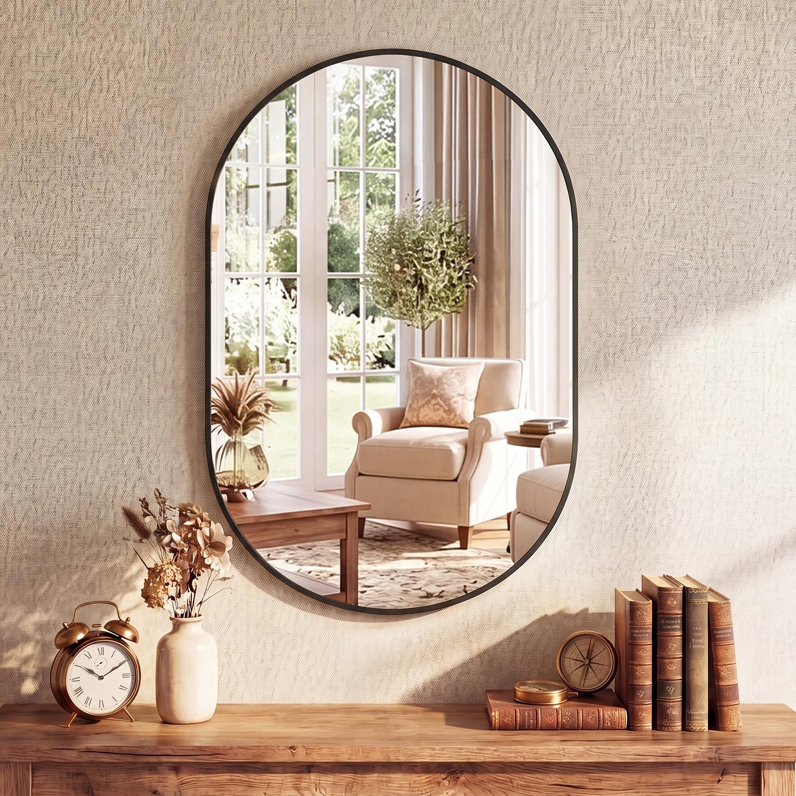 Atilioo - 24-in W x 36-in H Oval Black Metal Frame Bathroom Wall Mirror