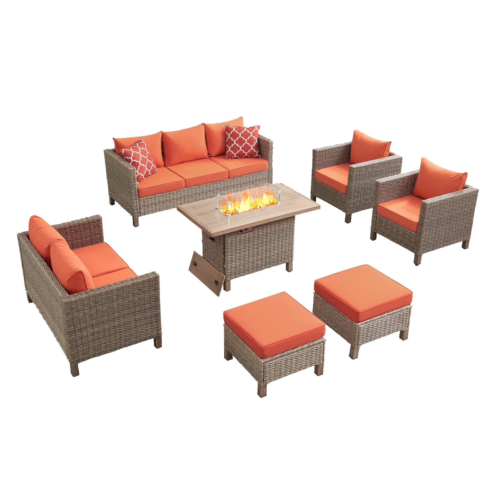 EDYO LIVING SMX04FT-OR 7 -Piece Wicker Patio Sofa Conversation Set with Orange Cushions
