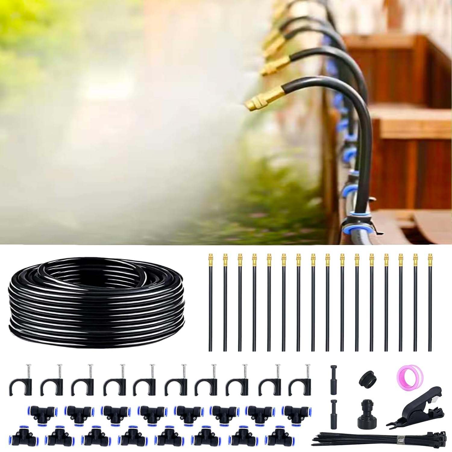 MaseiKar 360 Degree Adjustable Drip Irrigation System Kit 50FT -  5/16 Tubing with 16 Copper Mist Nozzles Quick Connect Automatic Garden Watering System for Raised Bed Lawn Greenhouse Patio Vegetable Flower Bed
