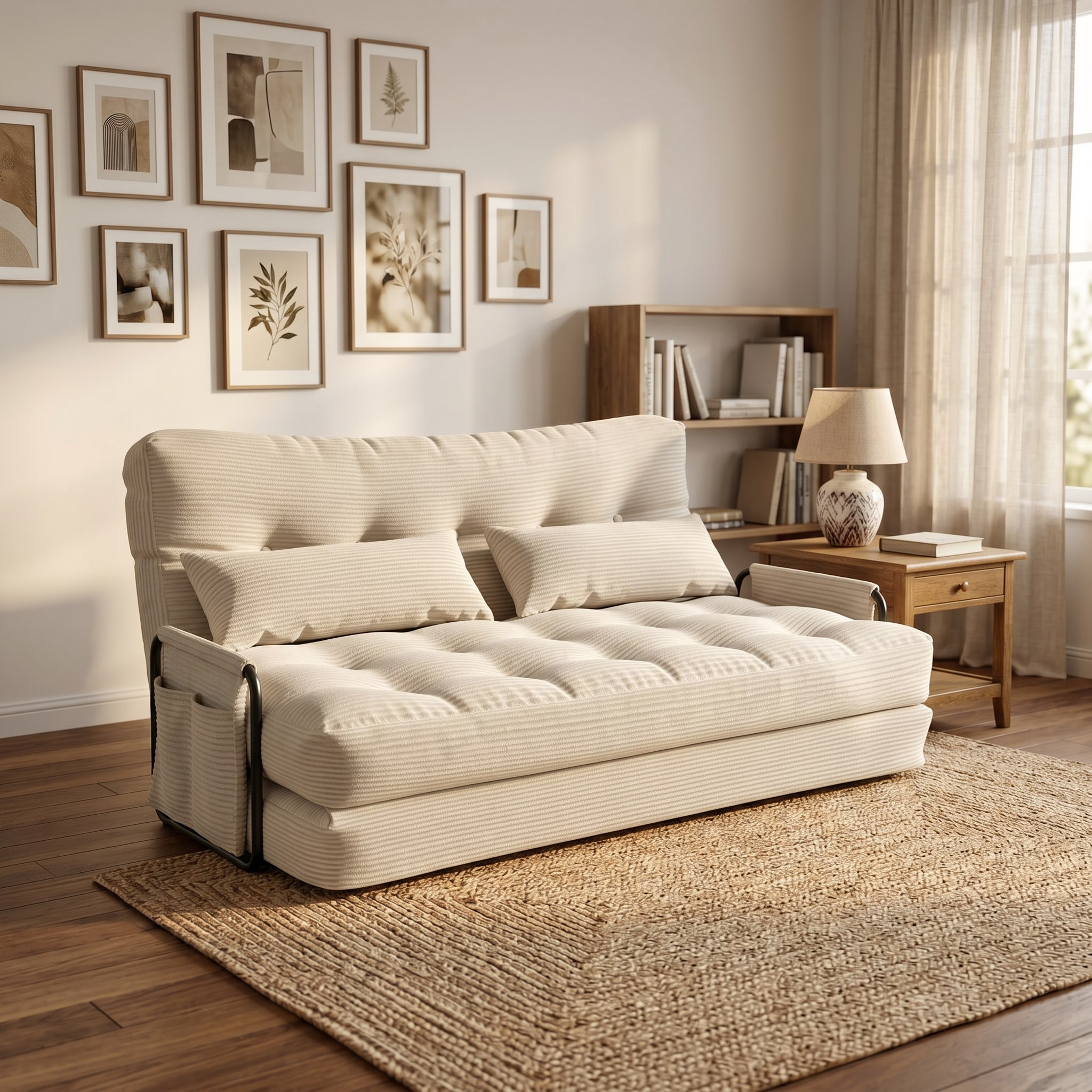 Haxvin - 59.1-in Off-White Loveseat Futon Sofa Bed with Adjustable Backrest and Side Pockets