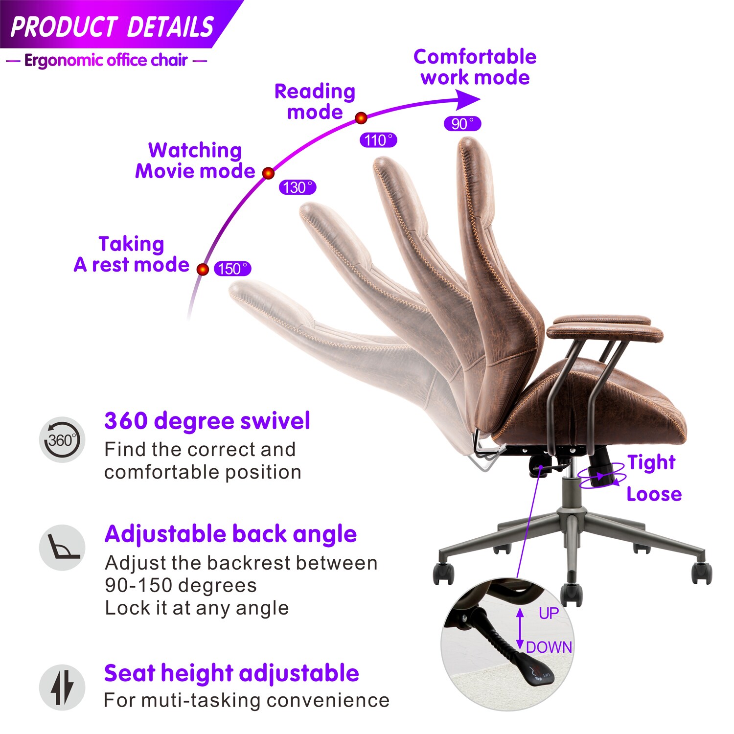 Ovios Ergonomic Office Chair Modern Computer Desk Chair High Back Suede Fabric Desk Chair with Lumbar Support for Executive or Home Office (Brown)