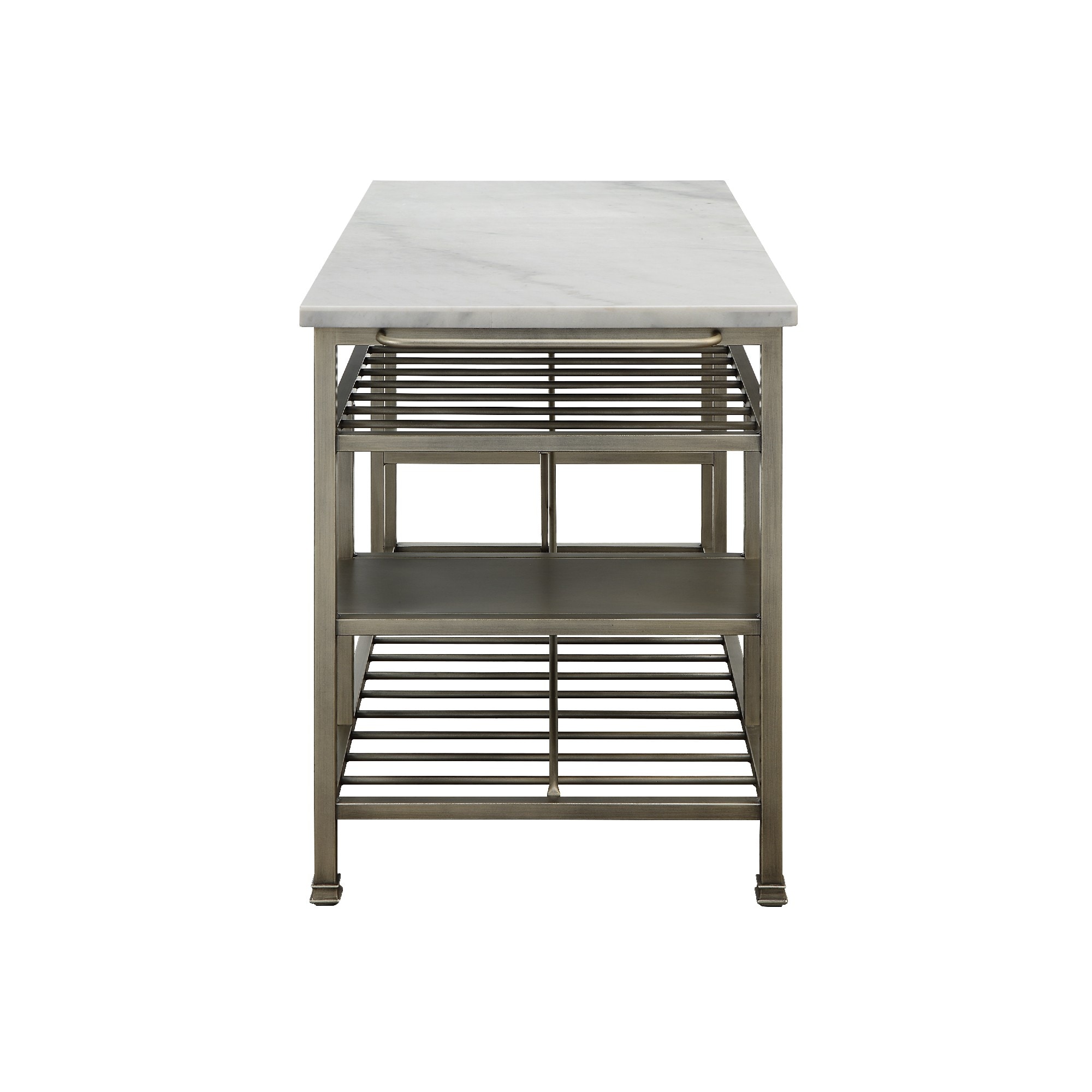 Elegant Gunmetal and White Marble Kitchen Island with Slated Shelves