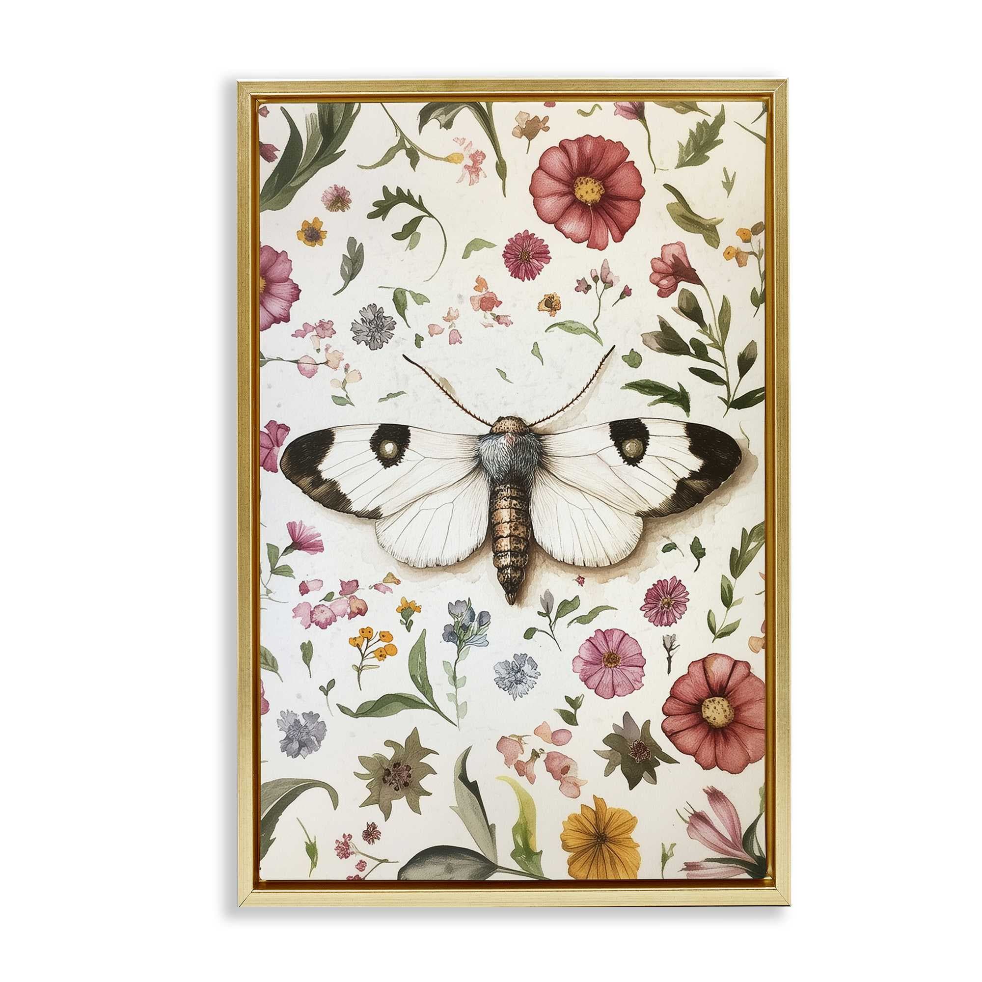 Stupell Industries BT-878-FFG-16X24 White Moth and Botanicals Gold Framed Floater Canvas Wall Art By The Dutch Lady 17 x 25