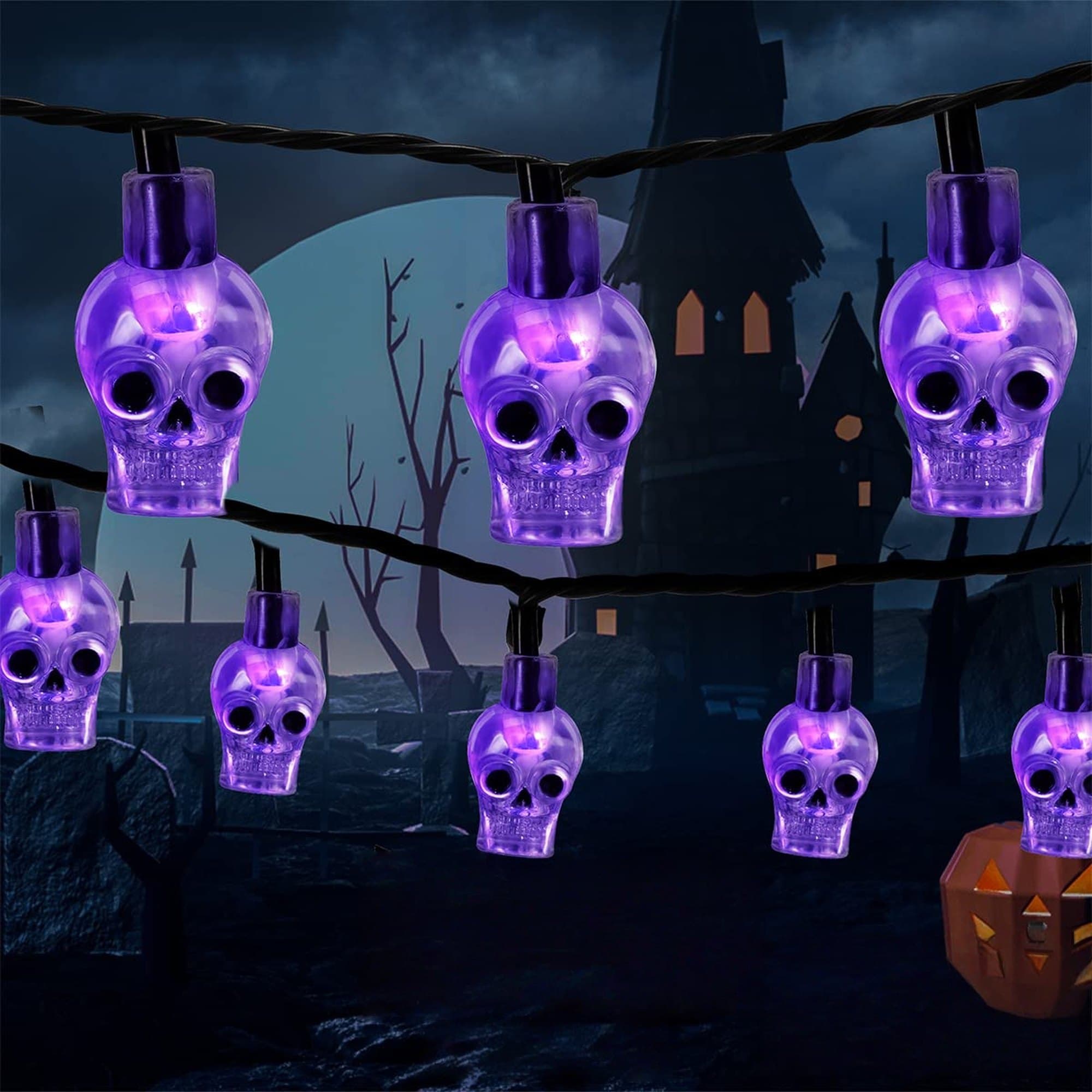 Angel Sar 22.6 Feet 70 LED Purple Skull Halloween String Lights with Plug in for Indoor Outdoor Patio House Bedroom Parlor Party Decor