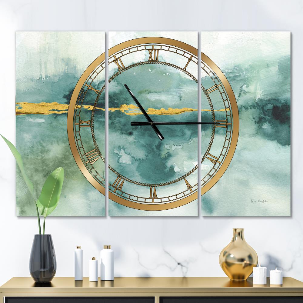 'Blue Watercolor Impression with Gold' Traditional Wall Clock - Blue Metal Rectangle Indoor Clock with Roman Numerals | - Designart CLM30994-3P