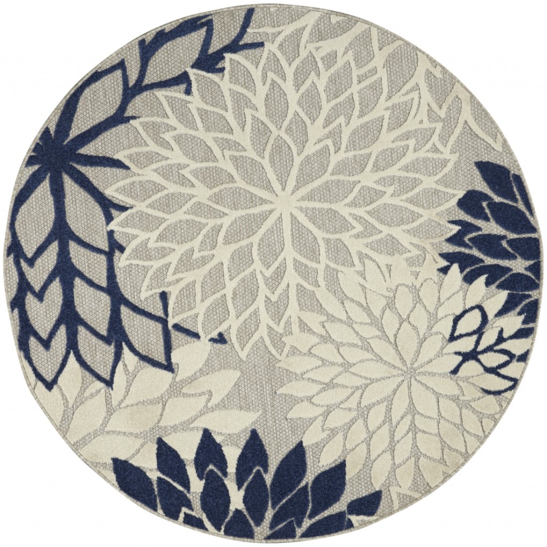 HomeRoots 4000384832 4 x 4 (ft) Polypropylene Ivory Navy Round Indoor/Outdoor Floral Area rug
