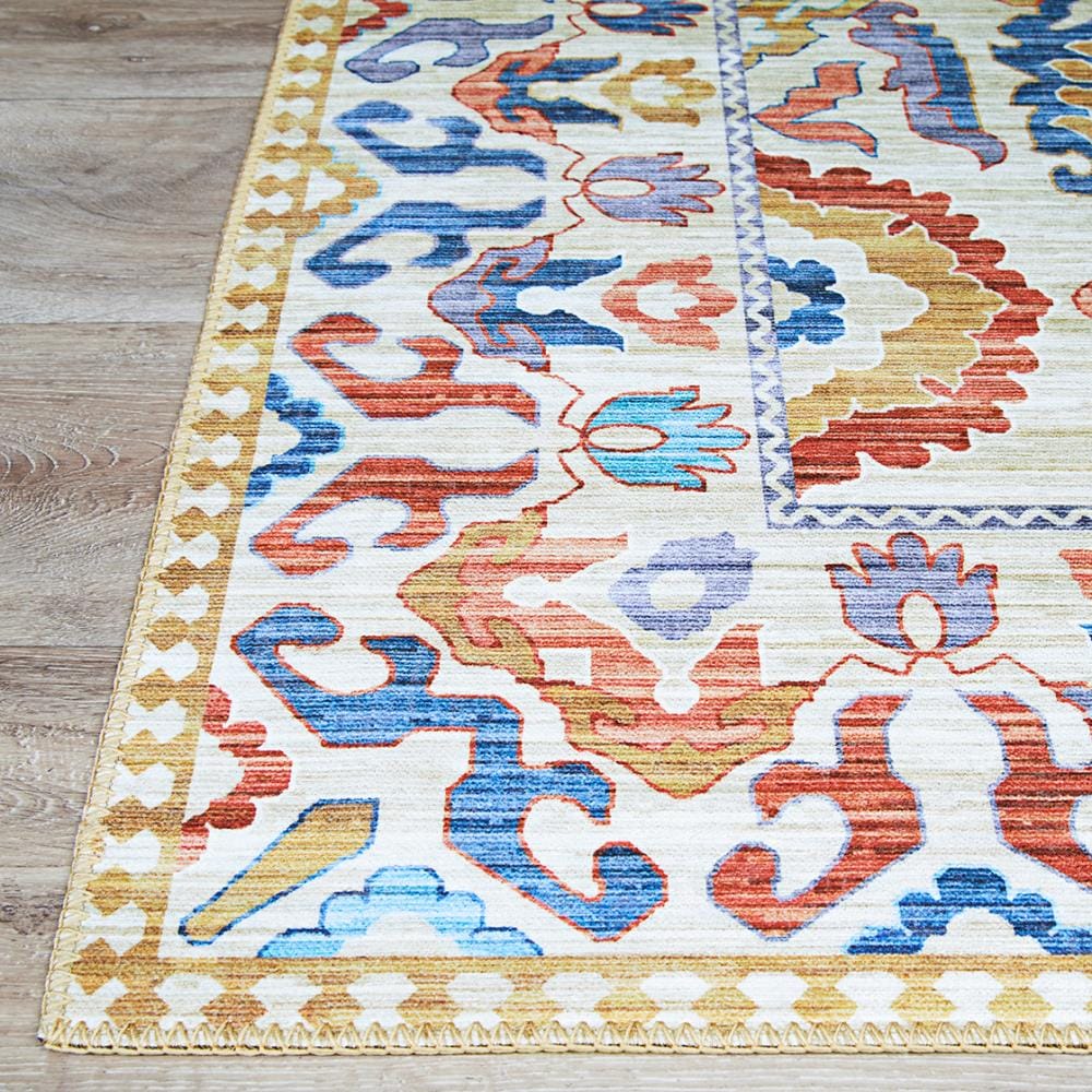 Ivory and Multicolor Synthetic Tribal Runner Rug, 2' x 8'