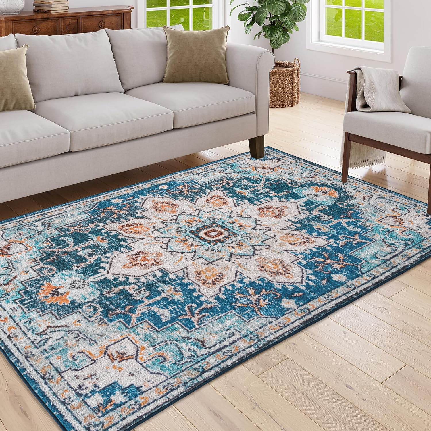 LOVMOR SF-H-B03599286 Area Rug 5x7 Vintage Bohemia Large Persian Non slip Washable Rug For Living Room Kitchen Bedroom Living Room Flower Design Blue Beige