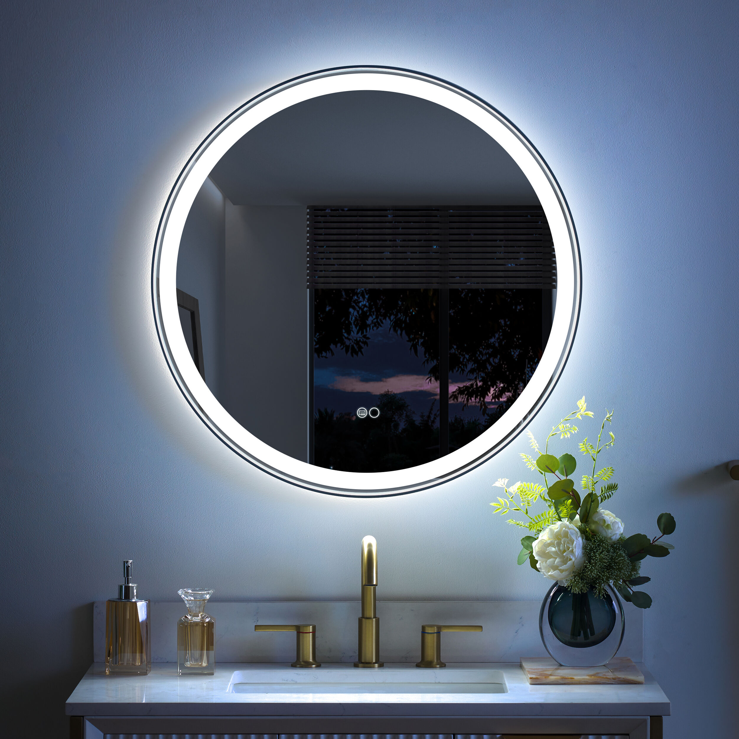 WELLFOR W9RD2828MB Bonie 28-in x 28-in Framed Round Dimmable LED Lighted Fog Free Bathroom Vanity Mirror ( Matte Black )