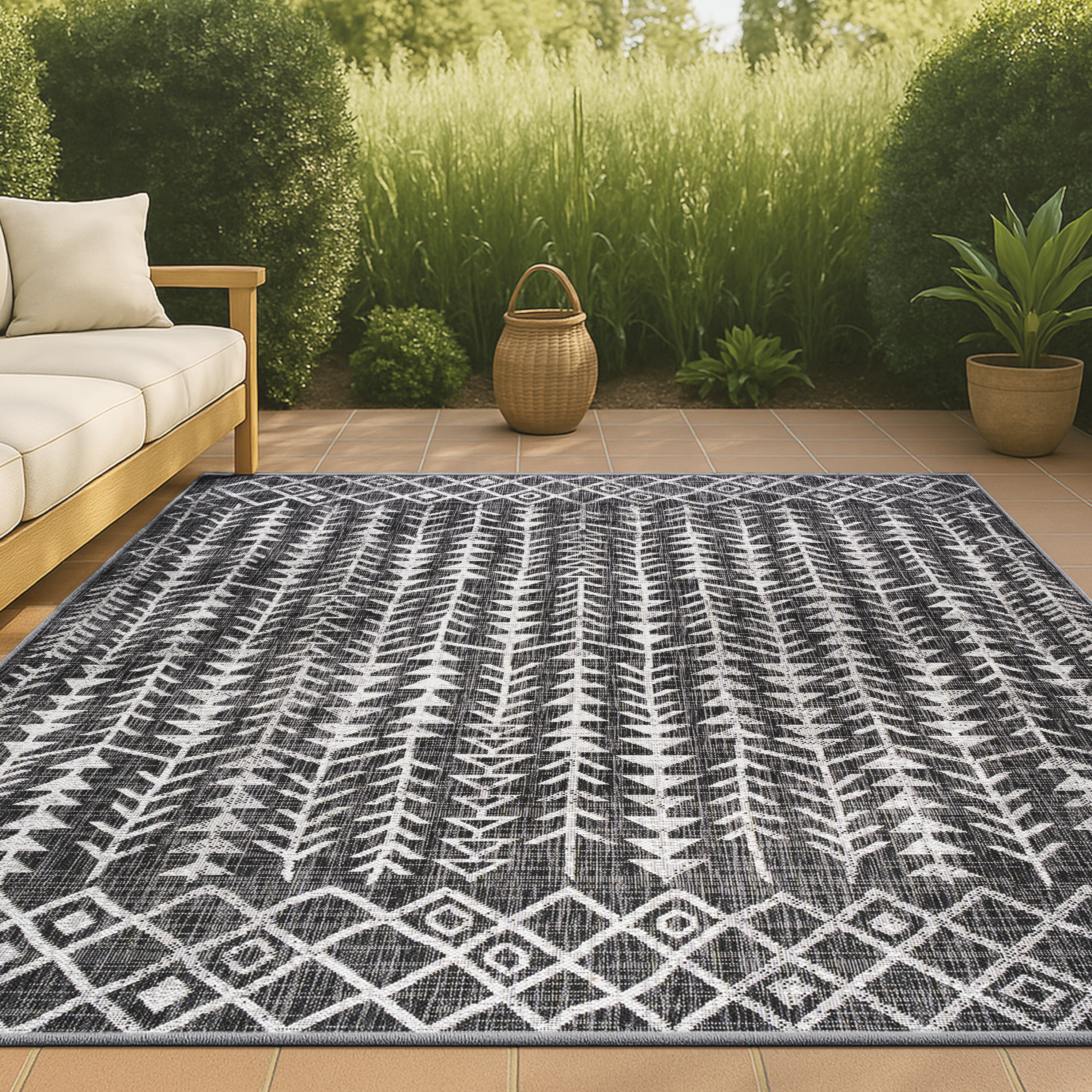 JONATHAN  Y SMB132E-5 Santa Monica Tokay 5 x 8 (ft) Loomed Polypropylene Black/Ivory Rectangular Indoor/Outdoor Trellis Bohemian/Eclectic Area rug