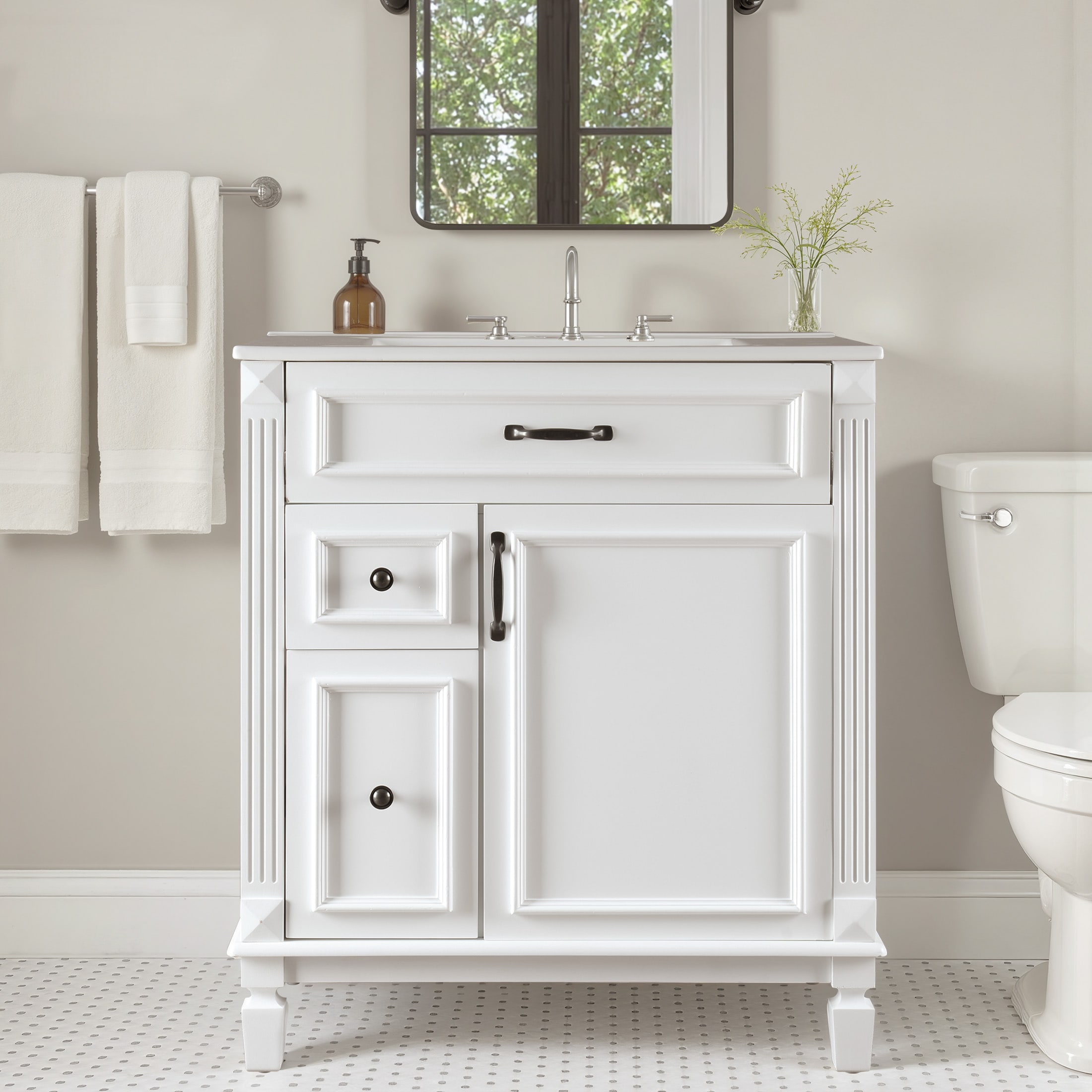 Sweetcrispy 30-inch Bathroom Vanity with Ceramic Sink and White Engineered Stone Top 1 Soft Close Door 3 Drawers and Storage Cabinet