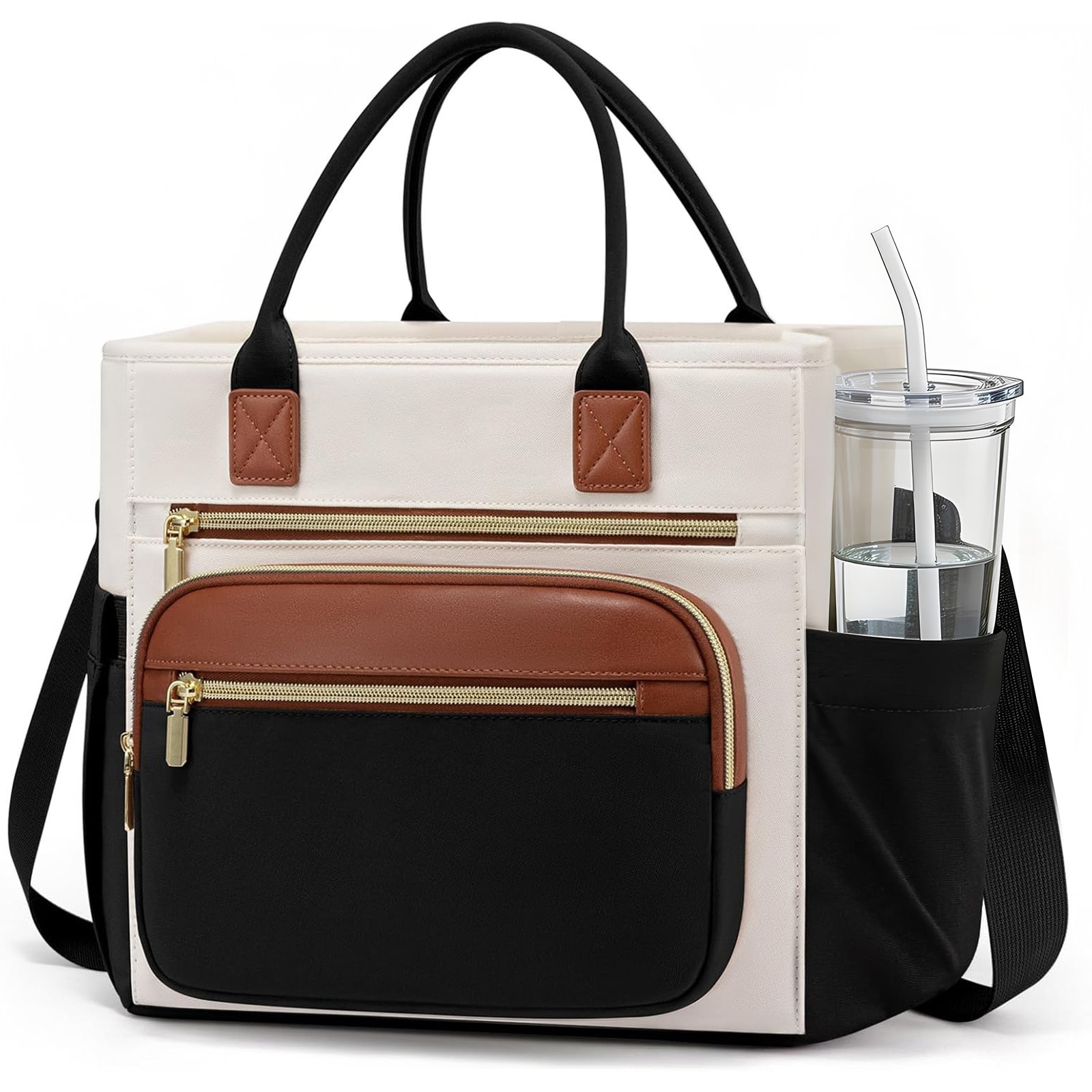IdealHouse Insulated Lunch Bag for Women - Large 13L Leakproof Cooler Tote with Wide Opening - Adjustable Shoulder Strap - Cup Holder and Pockets - Reusable for Work School Picnic Beach Travel - White and Brown