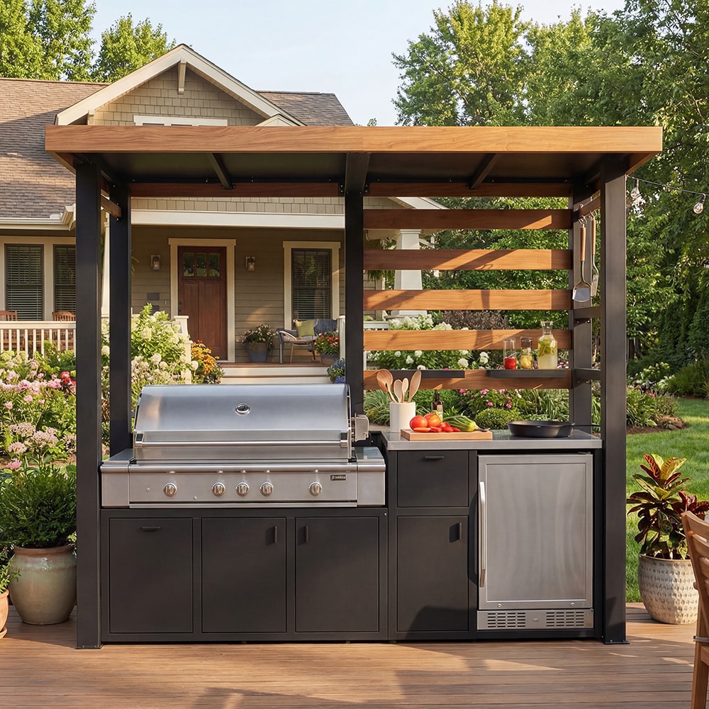 Famapy  Outdoor Kitchen Island and Grill Station Frame with Pergola Style Roof 304 Stainless Steel Prep Top Cabinets and Refrigerator Bay 103.3''W x 47.4''D x 90.7''H Black and Brown