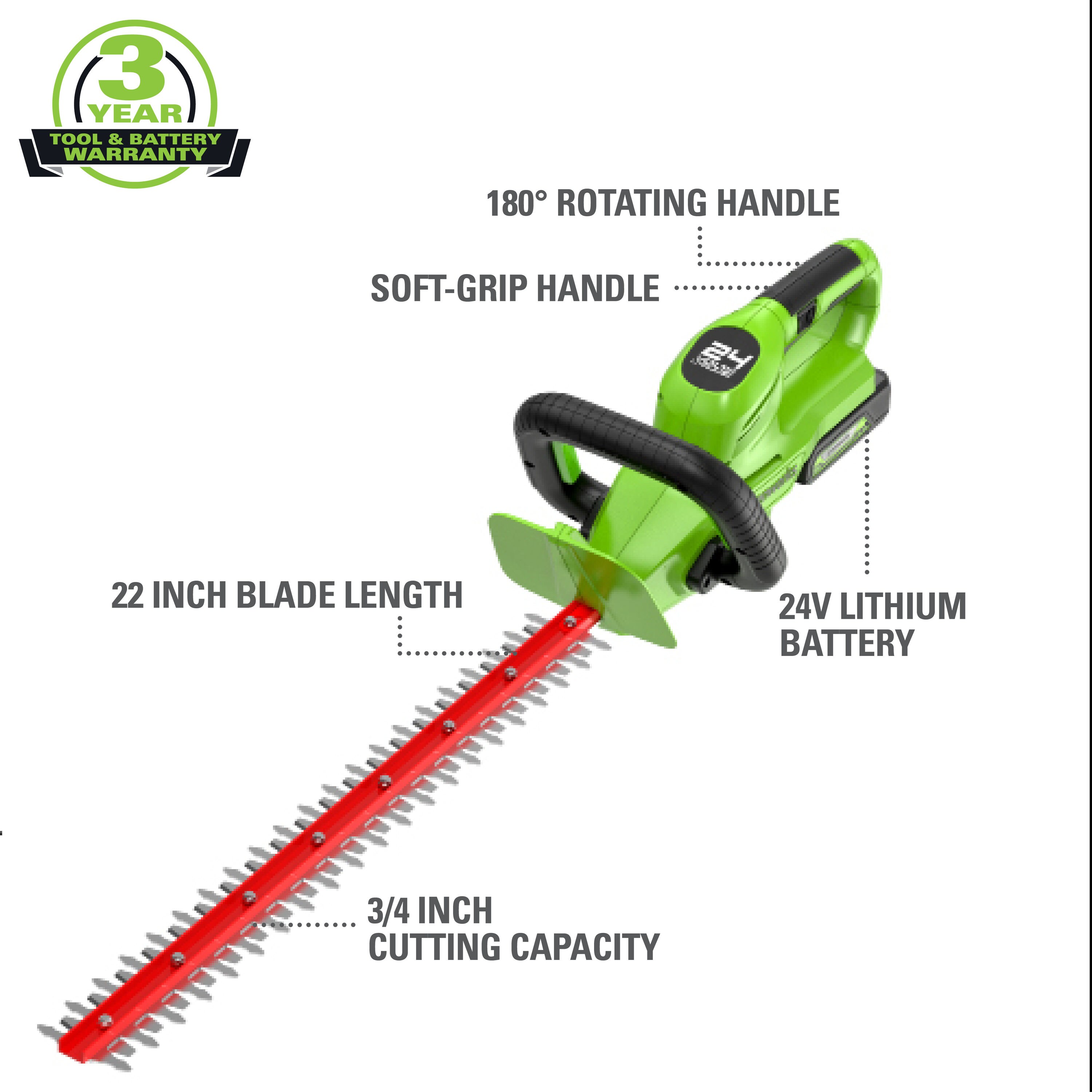 Greenworks - 24-Volt 22-Inch Cordless Hedge Trimmer (Battery Not Included)  - Black/Green - Yahoo Shopping