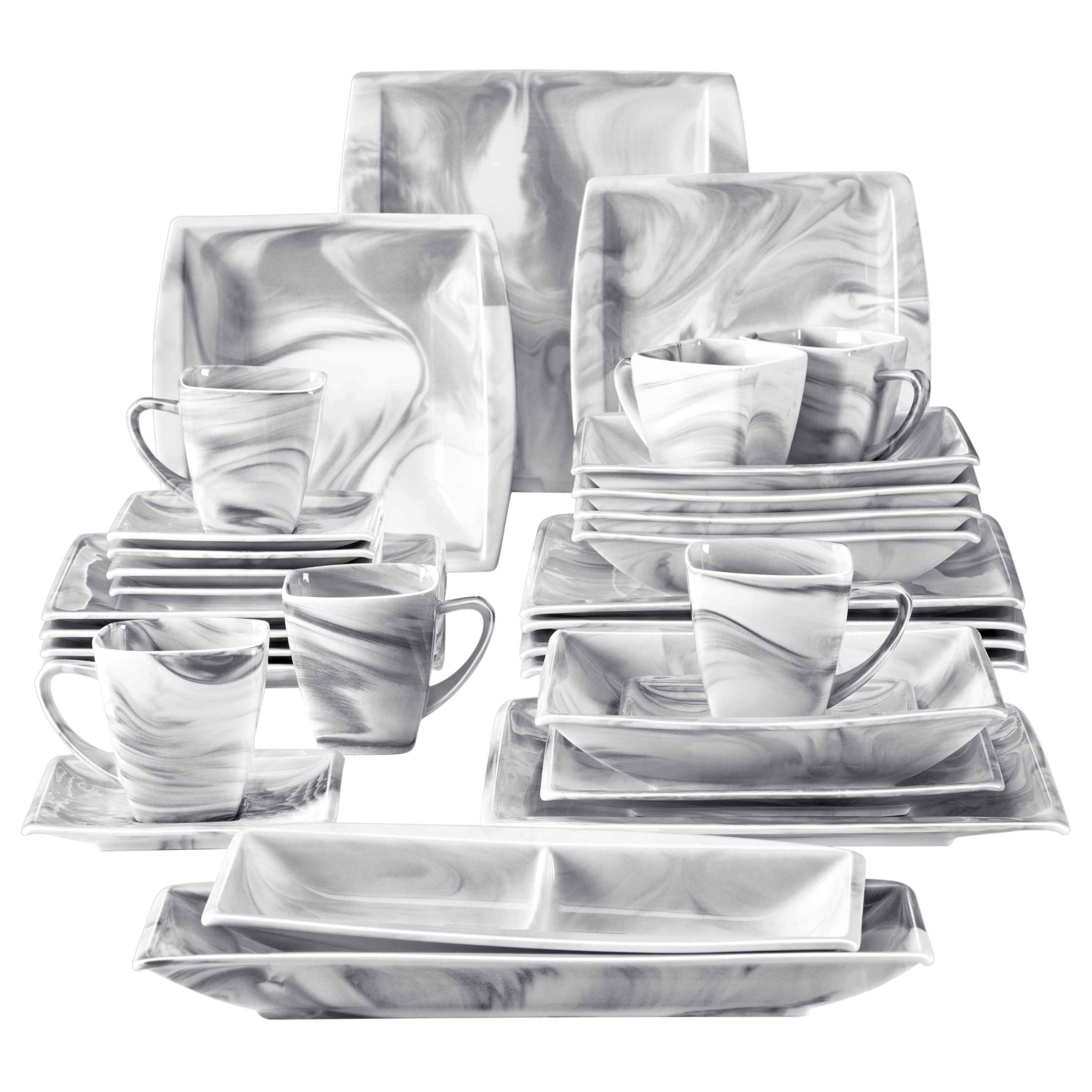 MALACASA 30-Piece Porcelain Dinnerware Set - Gray White Modern Dish Set for  6, Square Dishes Serving Plates Dishes Set, Plates and Bowls Sets, with