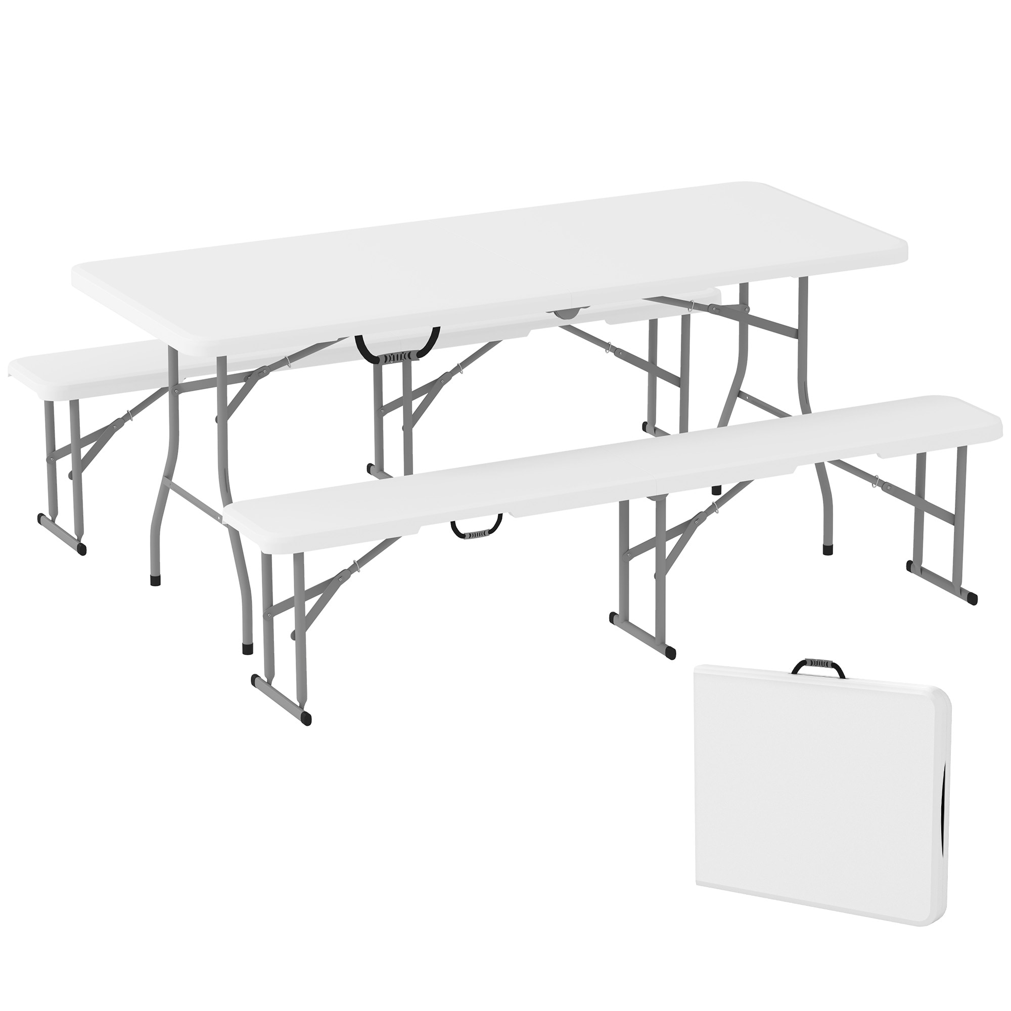 Outsunny A20-469V00WT 6FT 3-Piece Portable Picnic Table Bench Set Folding Camping Table and Chairs with Carrying Handles for Indoor Outdoor Use Camping BBQ Party Event White