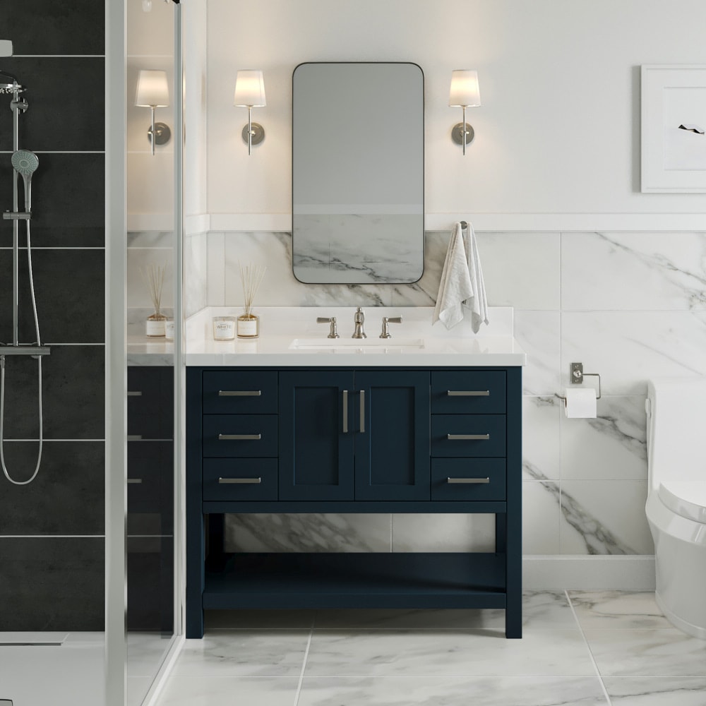 ARIEL S043SWQRVOMNB Magnolia 43-in Midnight Blue Undermount Single sink Bathroom Vanity with Pure White Quartz Quartz Top