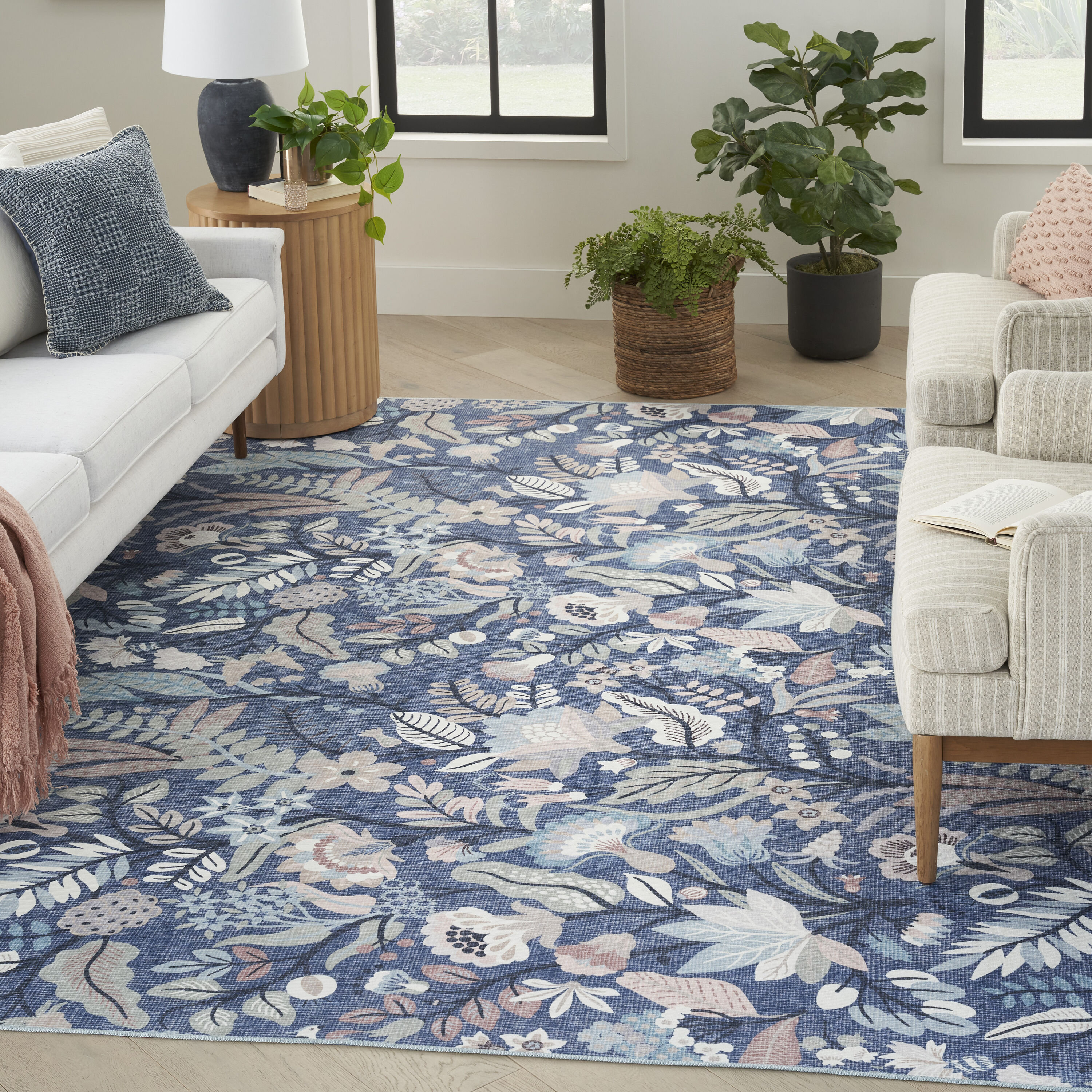 Nourison 099446912558 Washables 6 x 9 (ft) Loomed Polyester Navy Multicolor Rectangular Indoor Floral/Botanical Machine washable Area rug