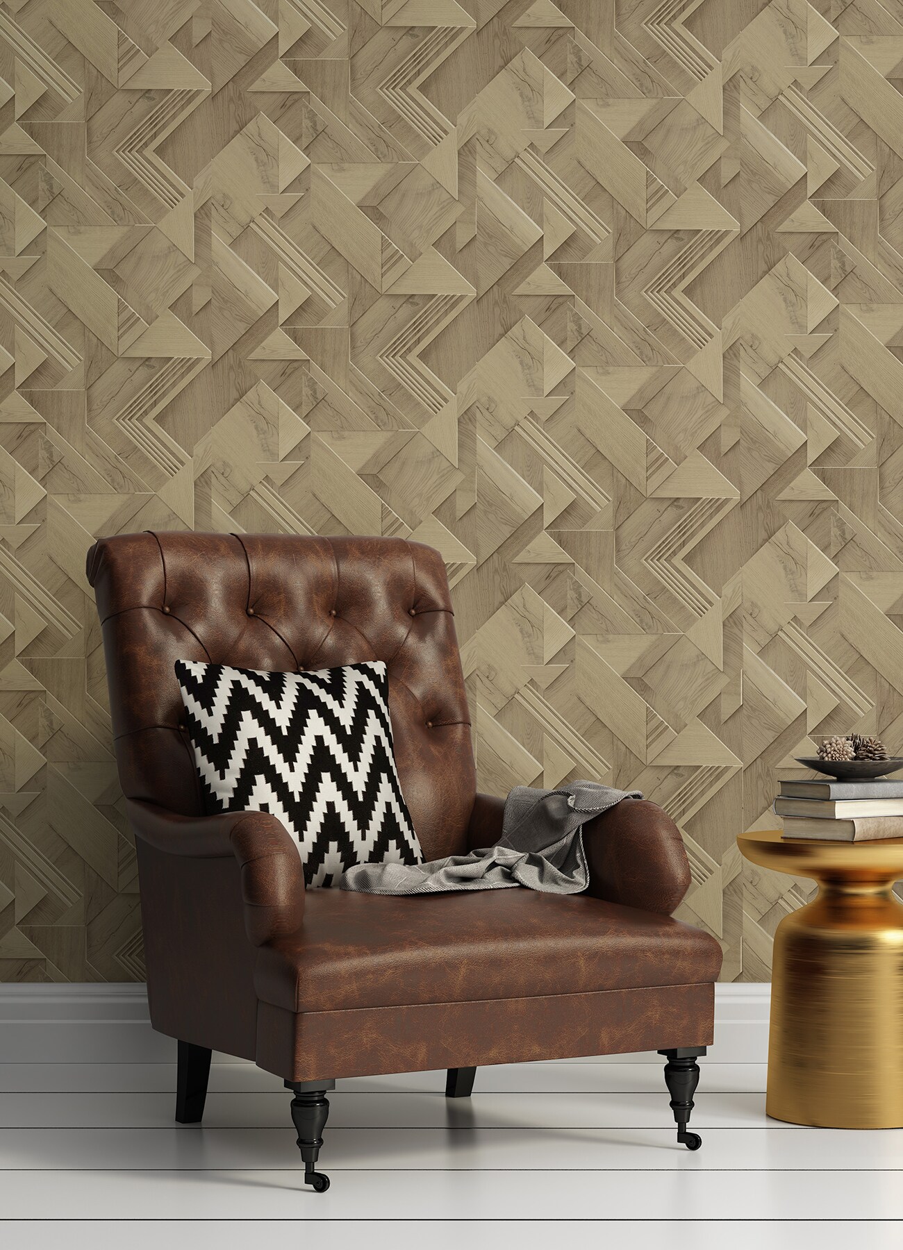 Cassian Light Brown Geometric Wood Wallpaper Roll