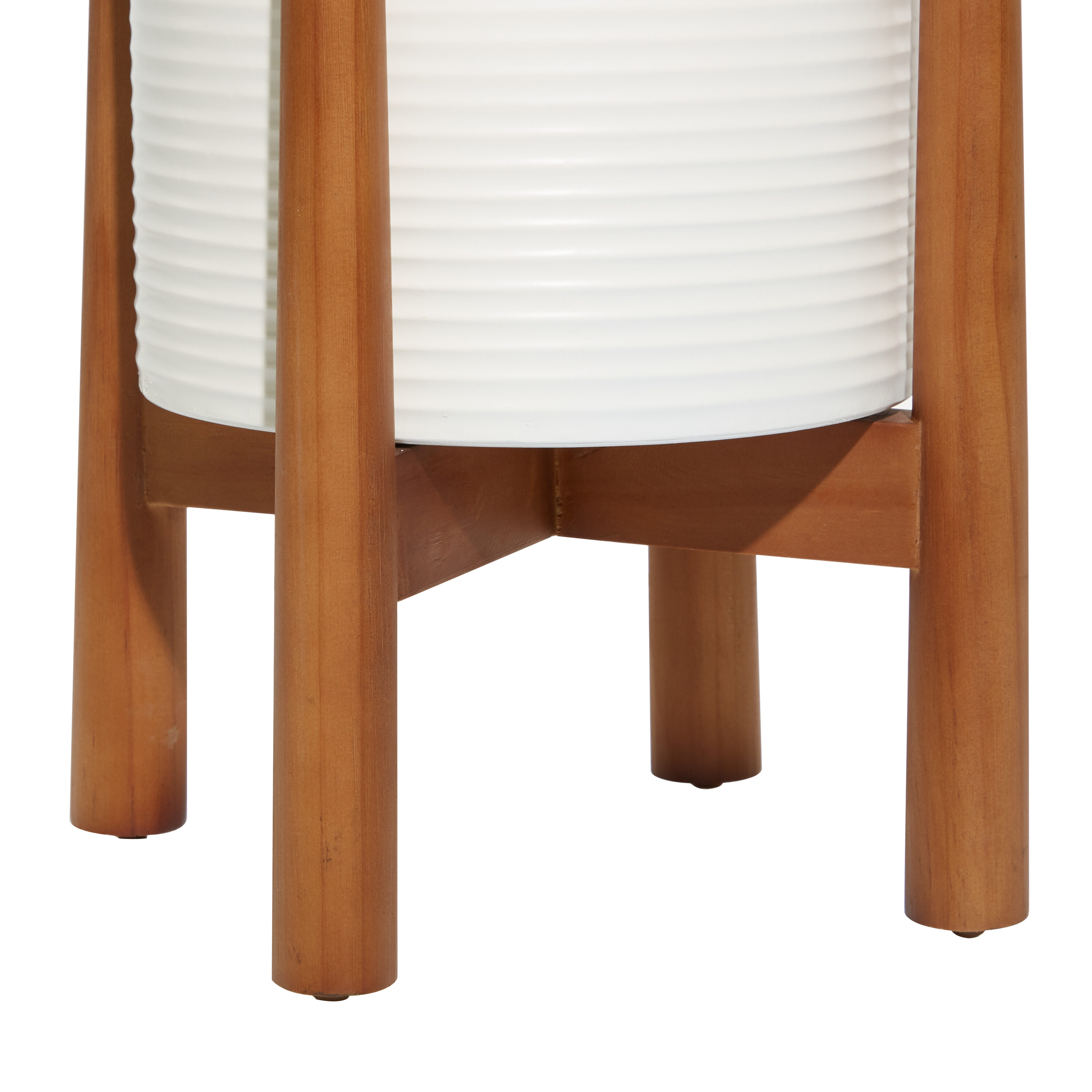 Elegant White Metal & Warm Wood Round Planters, Set of 2