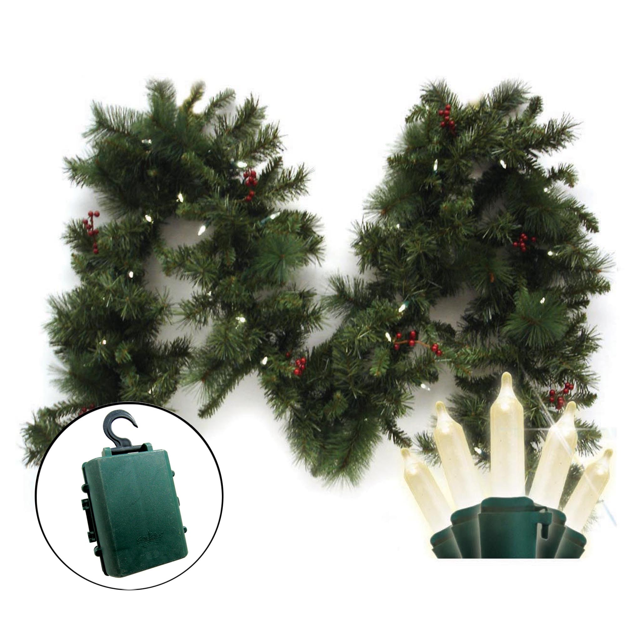 Brite Star 74-285-00 Indoor/Outdoor Pre-lit Battery-operated 9-Feet Pine Artificial Garland with White LED Lights