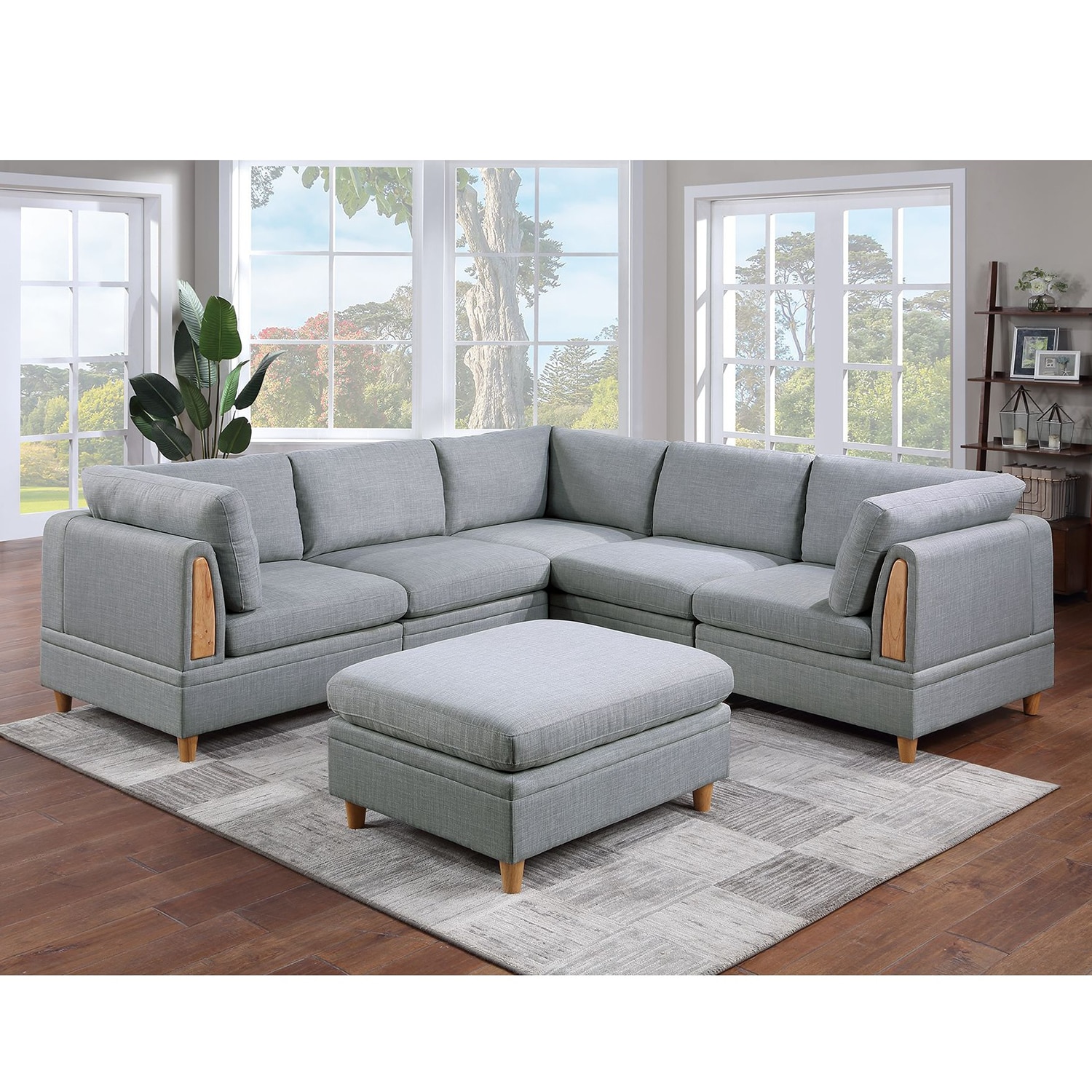 GZMR GZ-HH40073 Living Room Furniture 6-Piece Modular Sofa Set with Ottoman 90-in W Modern Gray 4-seater Reclining Sectional with Slipcover
