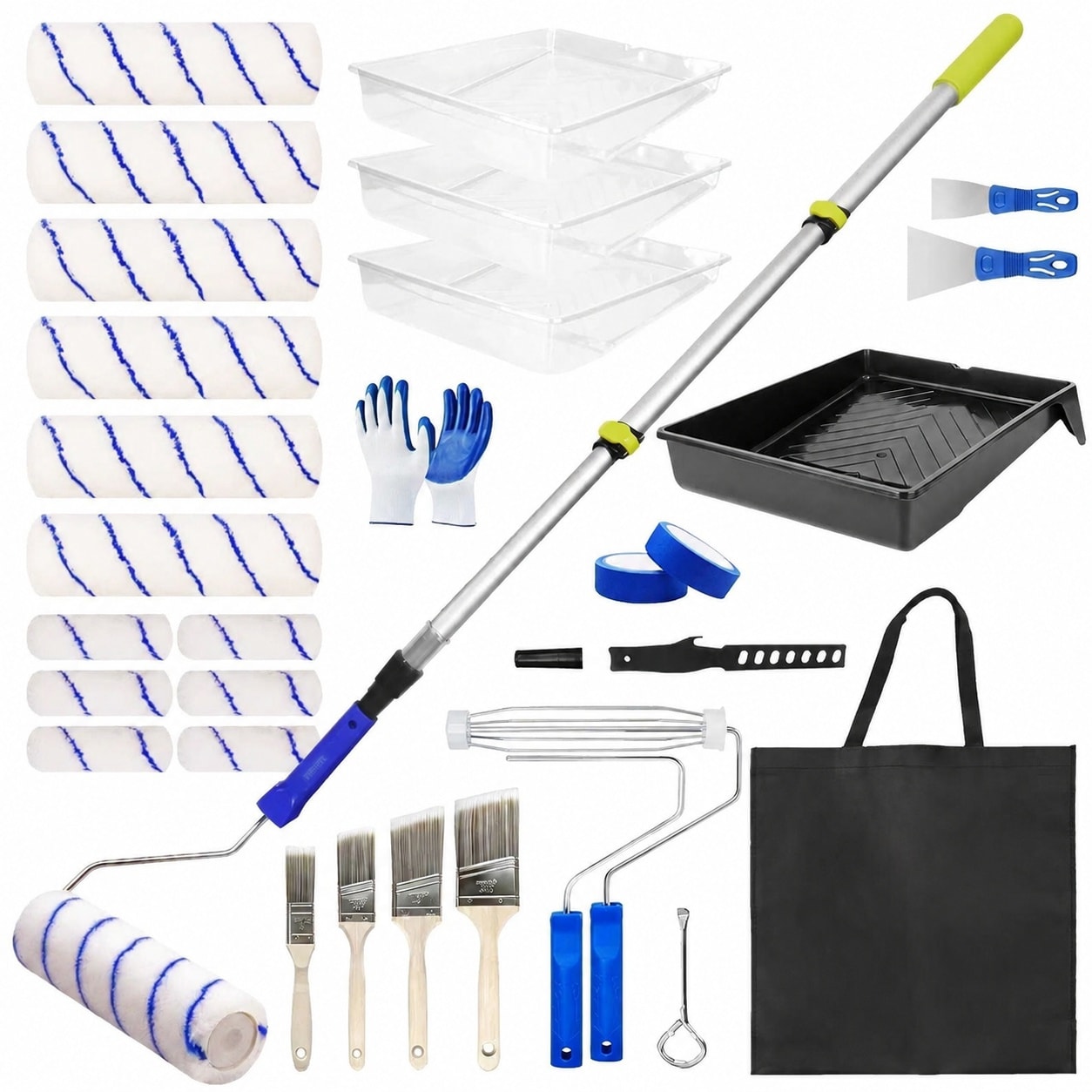 AOIZGMY  33 Piece Paint Roller Kit with Adjustable Two to Four Foot Extension Pole Nine Inch and Four Inch Rollers Brushes Tape and Carry Bag for