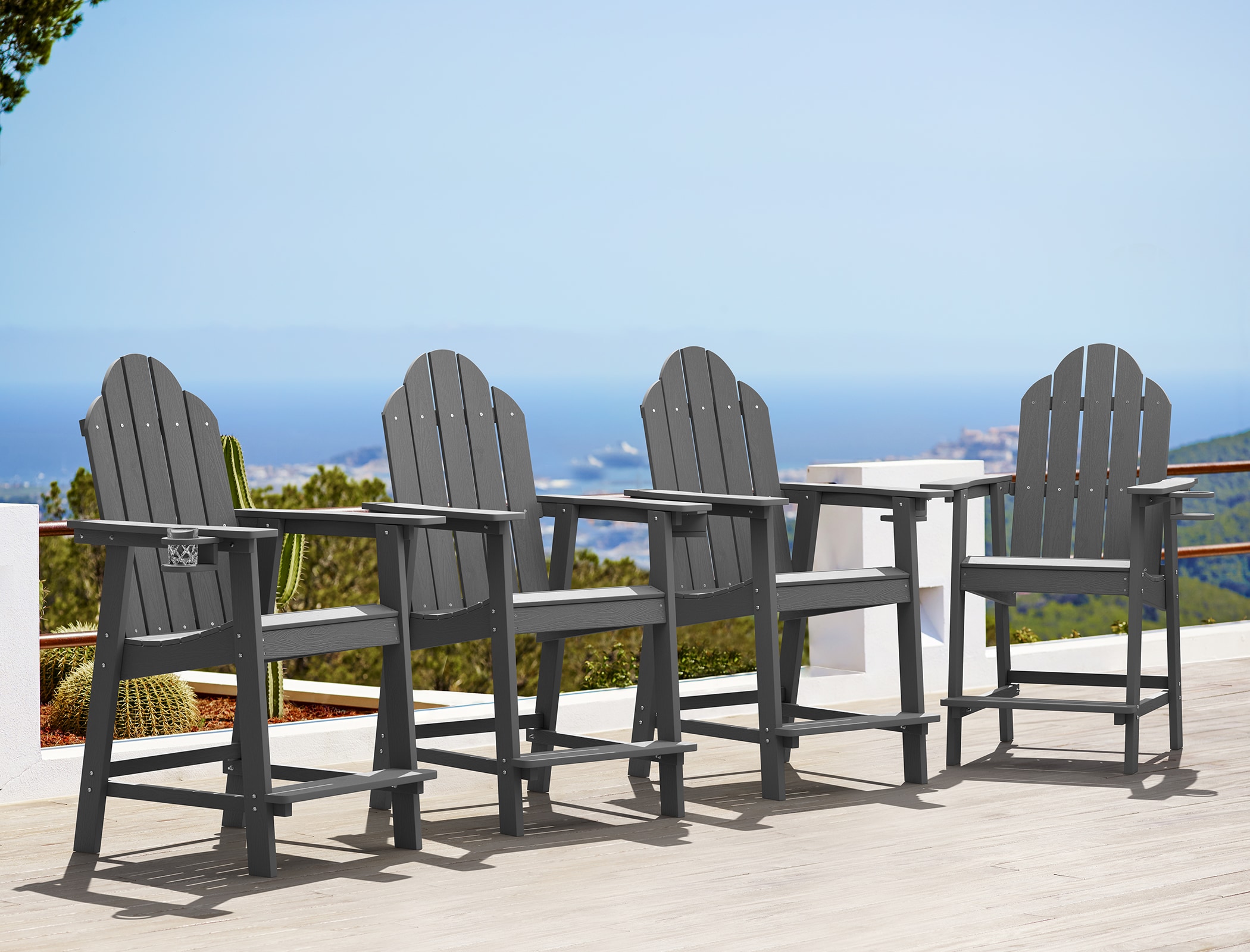 Yurevna LD-DG-4 Patio Bar Stool Set of 4 Dark Gray Polyethylene Frame Stationary Bar Stool Chair with Slat Seat
