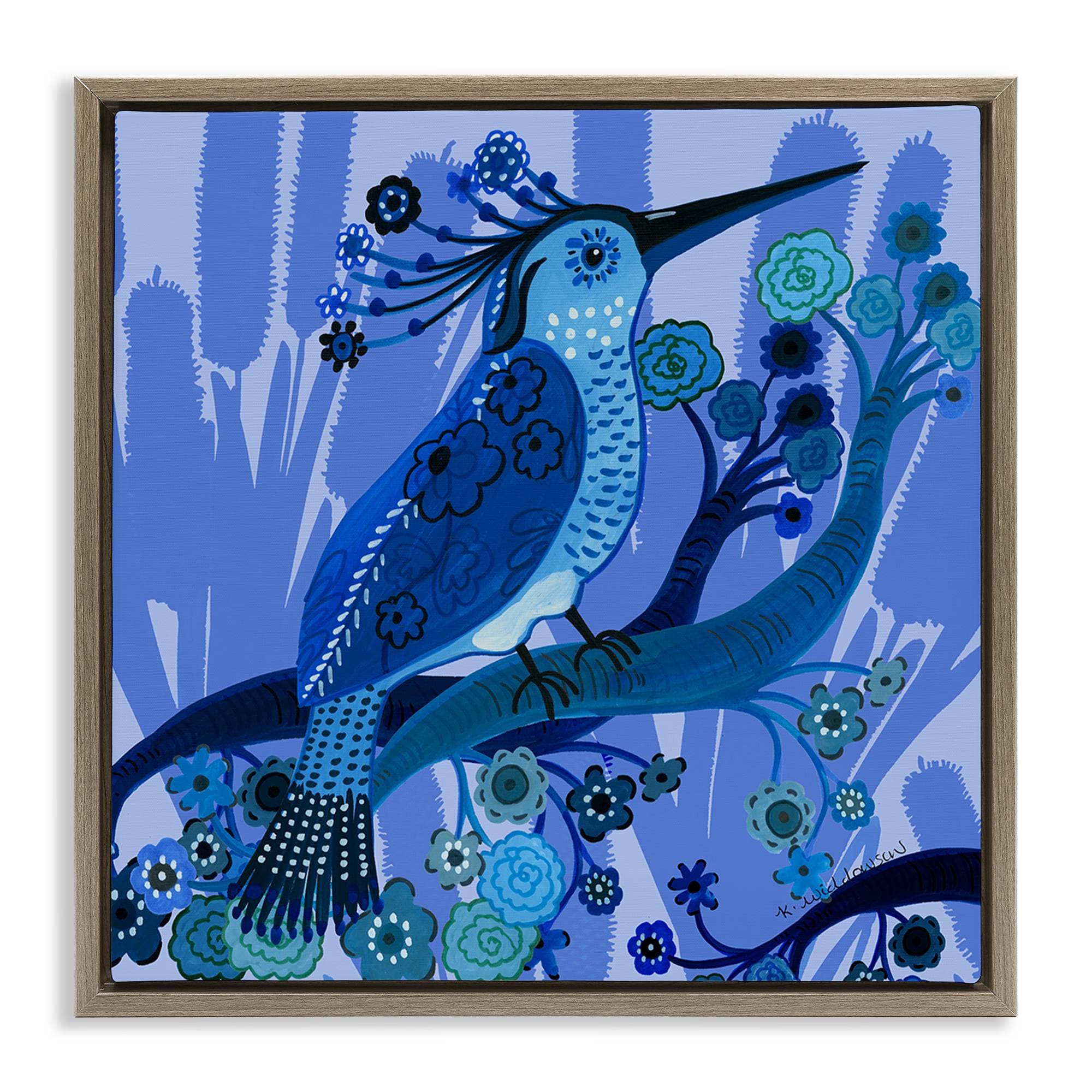Stupell Industries BS-599-FFE-24X24 Folk Style Blue Bird Brown Framed Floater Canvas Wall Art By Kay Widdowson 25 x 25