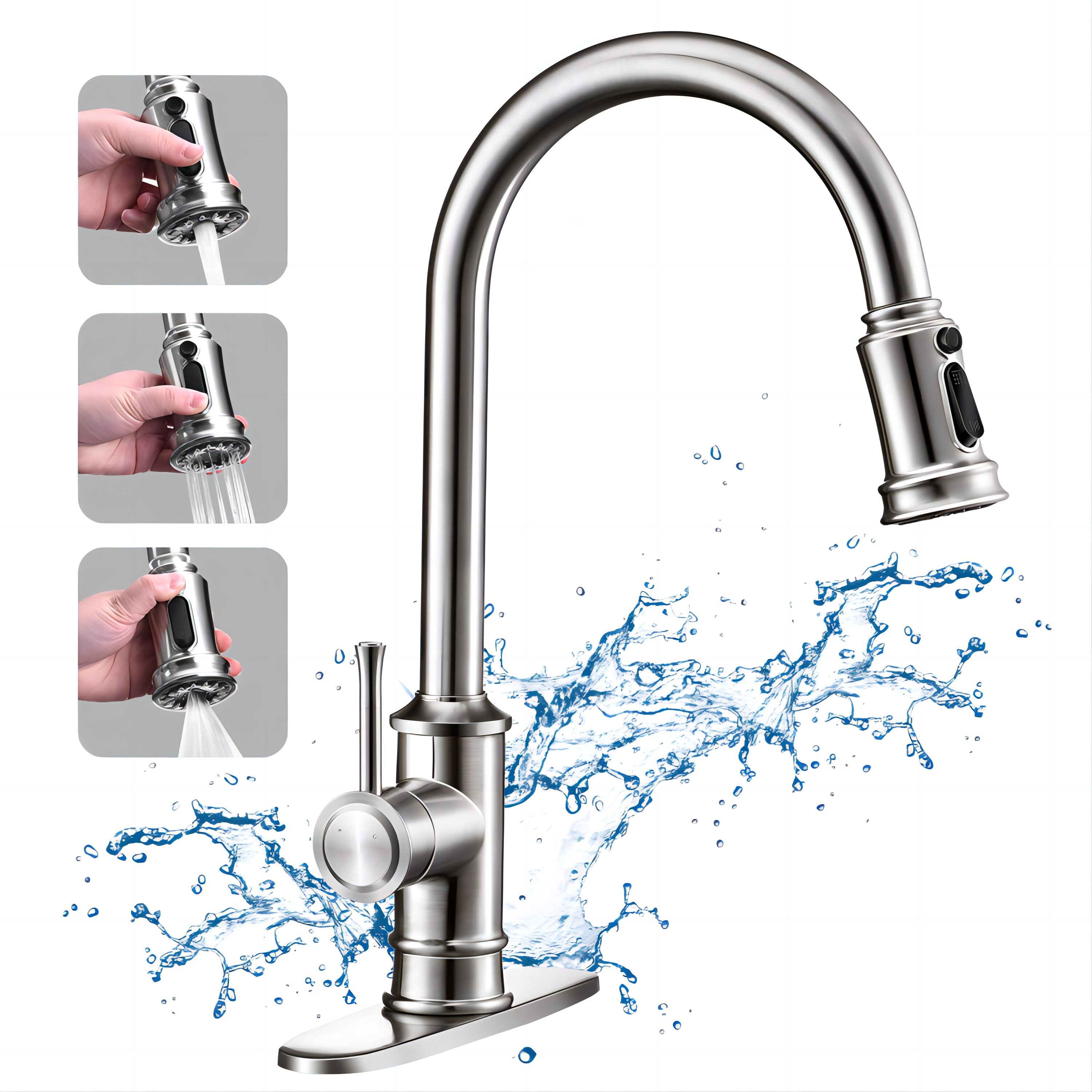 Kahomvis TC-QPW6-5019 Brushed Nickel Single Handle Deck-mount Pull-down Kitchen Faucet with Sprayer