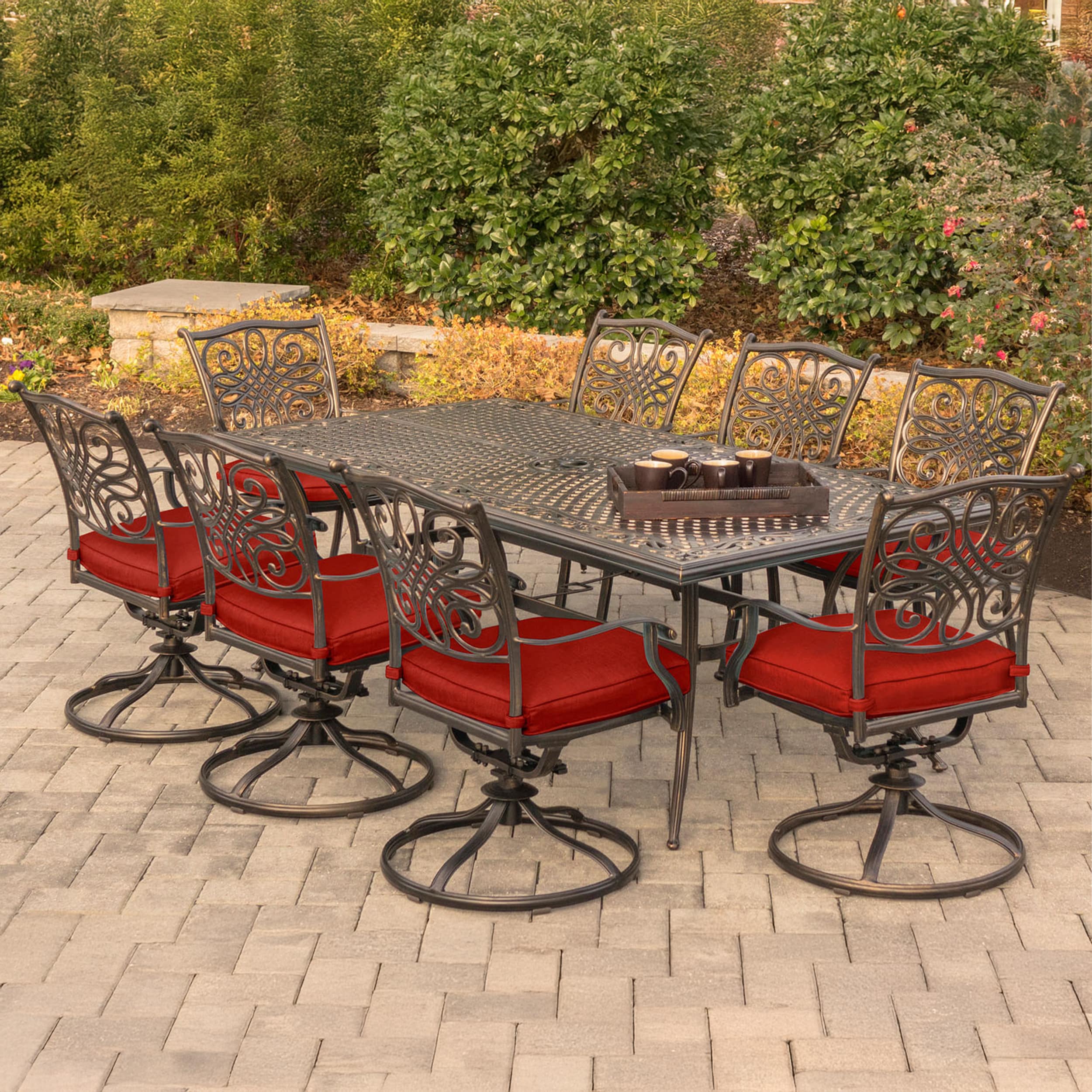 Hanover 9-Piece Bronze Aluminum Outdoor Dining Set with Red Cushions