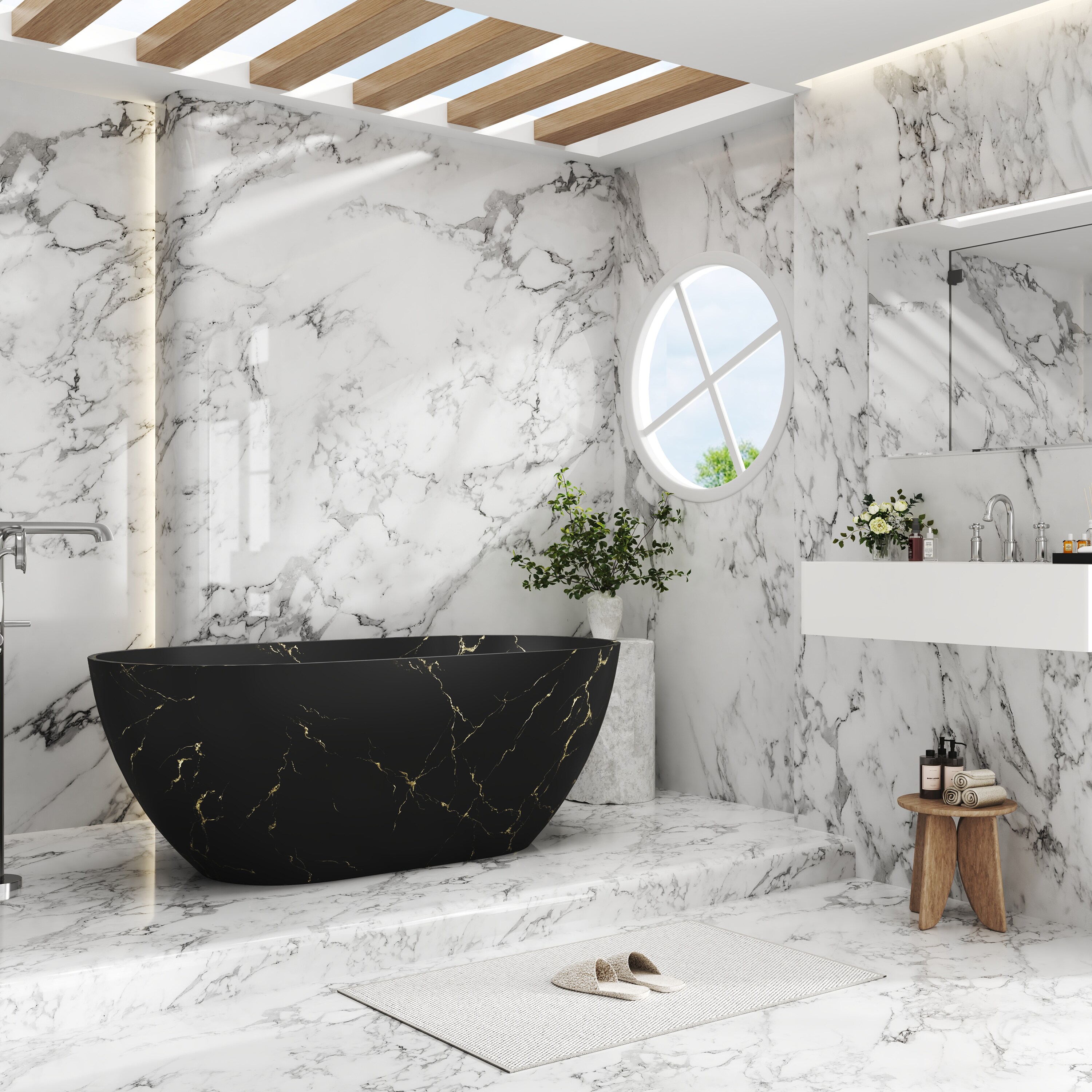 CASAINC 29.5-in x 59-in Marble-Look Solid Surface Oval Freestanding ...