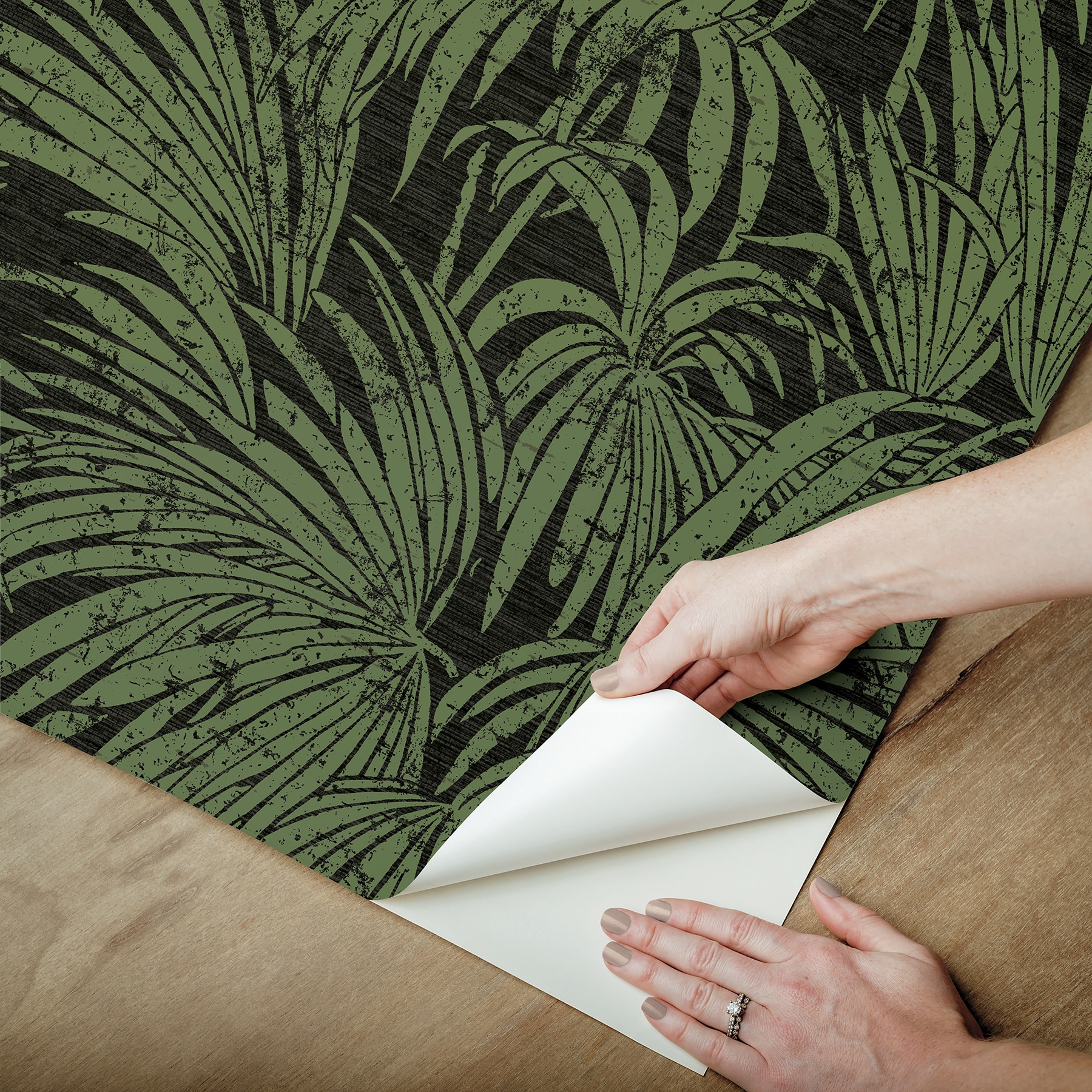 Green and Beige Vinyl Palm Leaf Peel and Stick Wallpaper