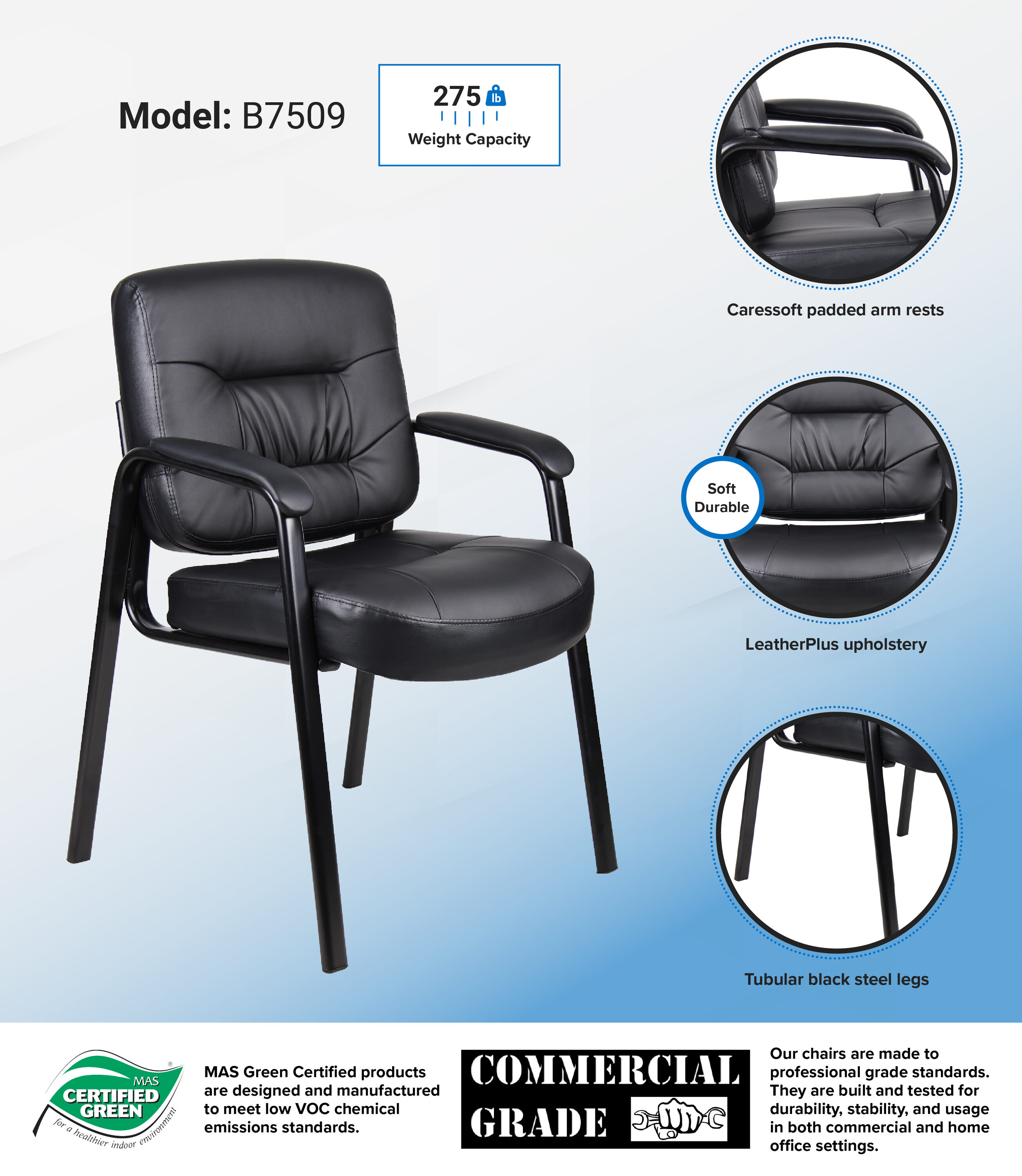 Elegant Black LeatherPlus Guest Chair with Steel Frame and Fixed Arms