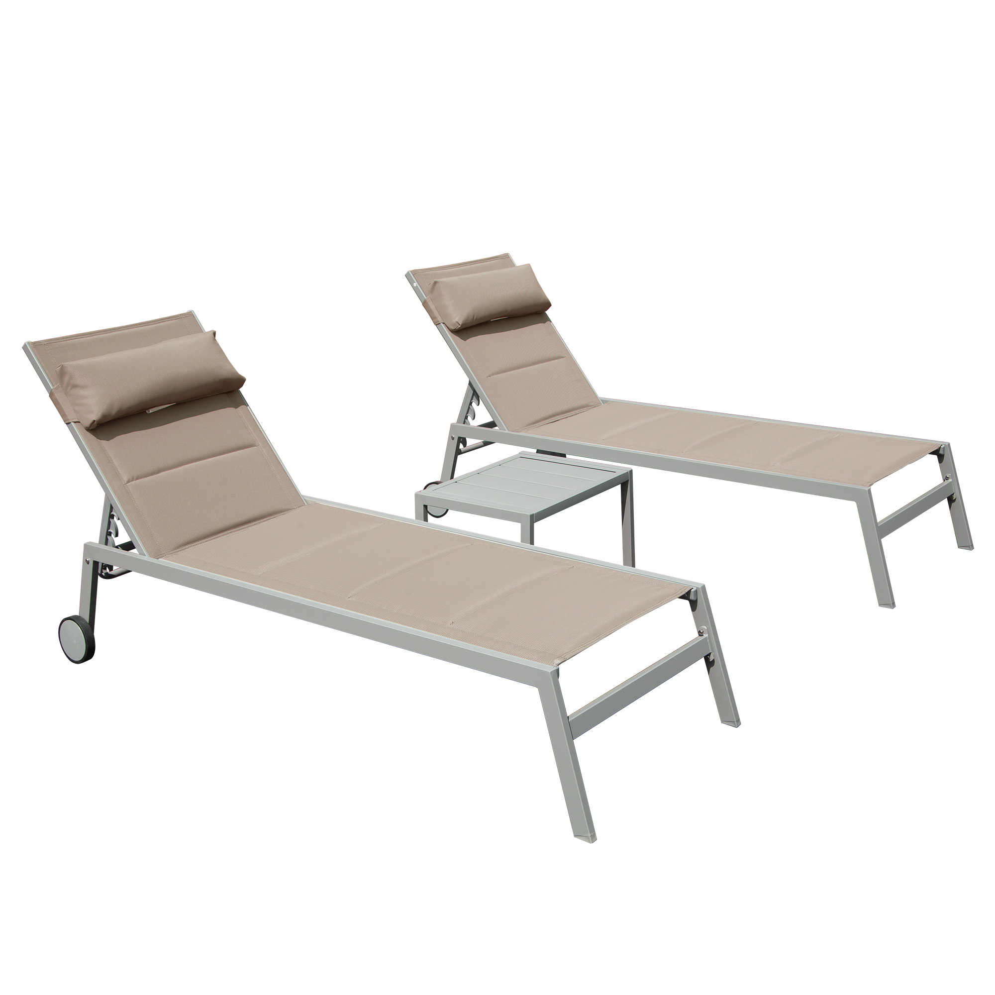 ToolCat PG2-136-PT Set of 2 Sliver Aluminum Frame Swivel Chaise Lounge Chair with Brown Mesh Seat
