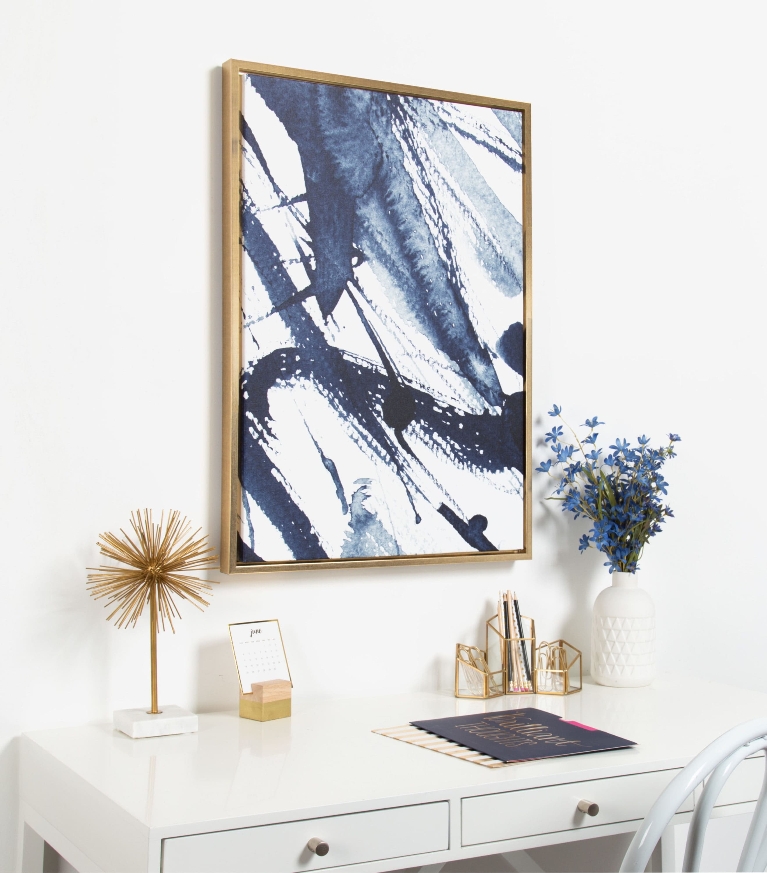 Sylvie Indigo Blue Abstract Canvas Wall Art with Gold Frame
