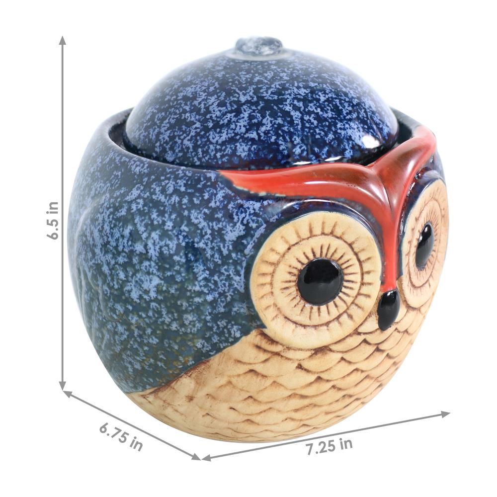 Whimsical Blue and Brown Ceramic Owl Tabletop Fountain