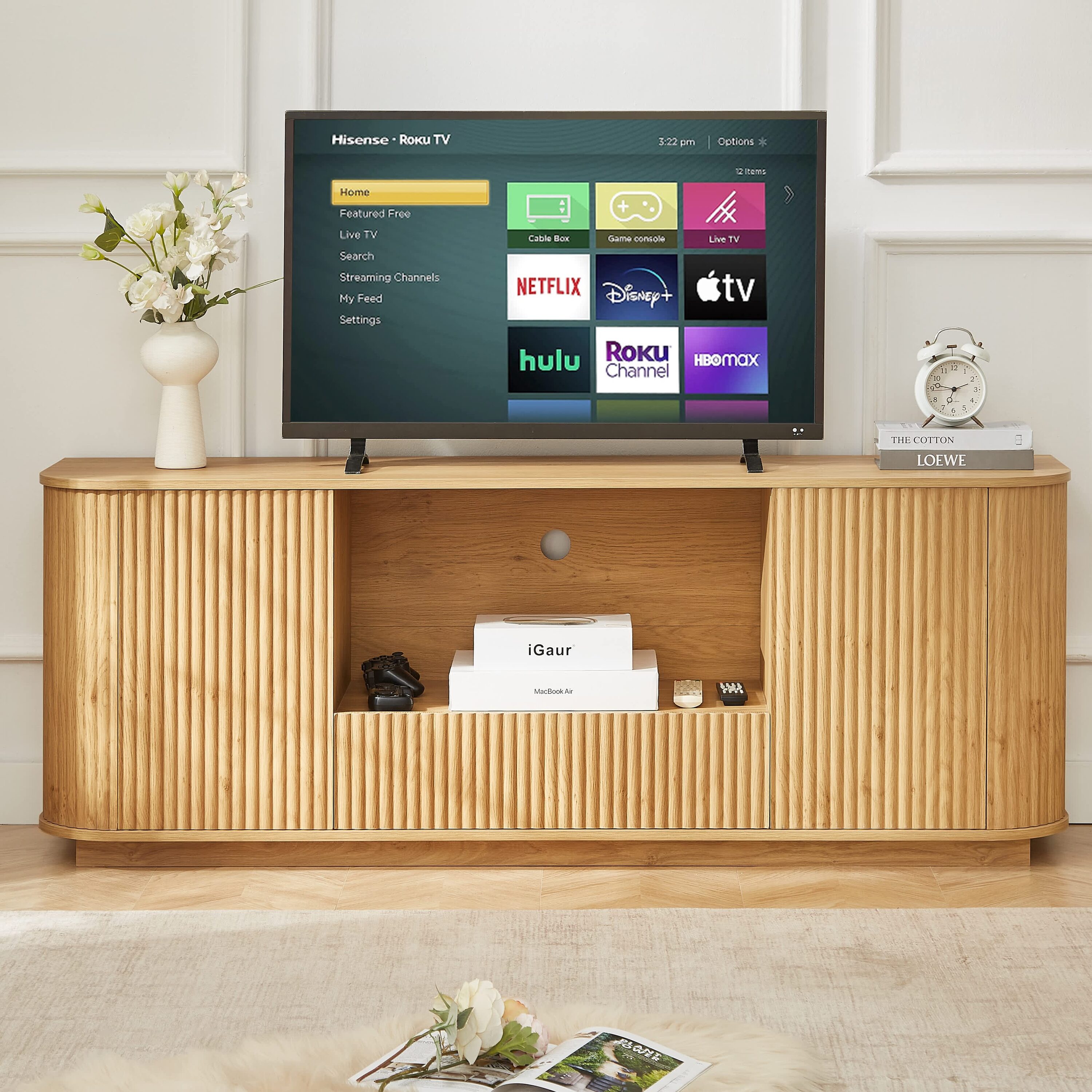 Vynxaria -  64 Inch Wavy TV Stand Natural Wood Grain Media Console with Rounded Corners Press Spr...