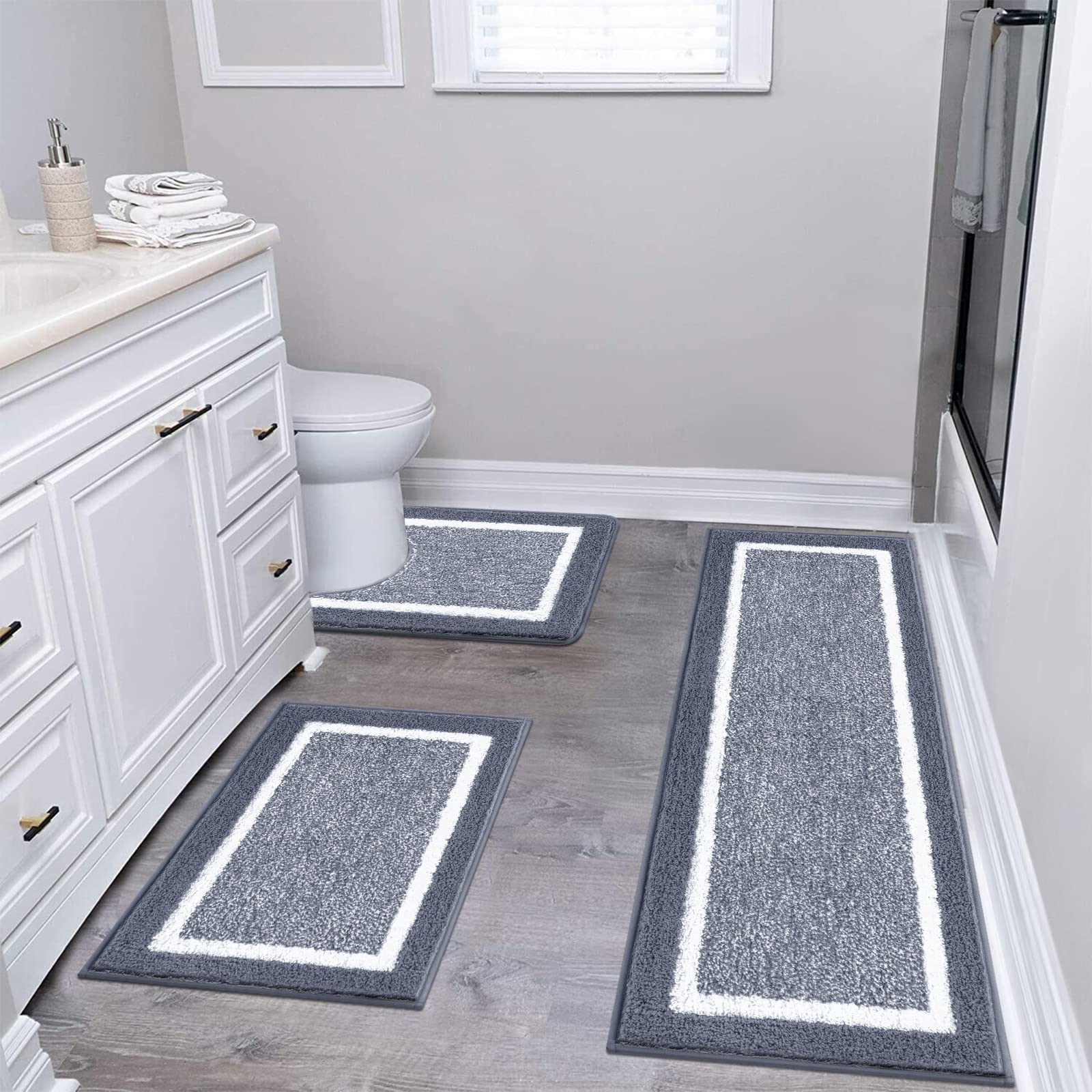 SenQWFa  Bathroom Rugs Set 3 Piece Non Slip Washable Plush Absorbent Microfiber Bath Mat Shower Rug Runner Quick Dry Super Soft U Shaped Toilet