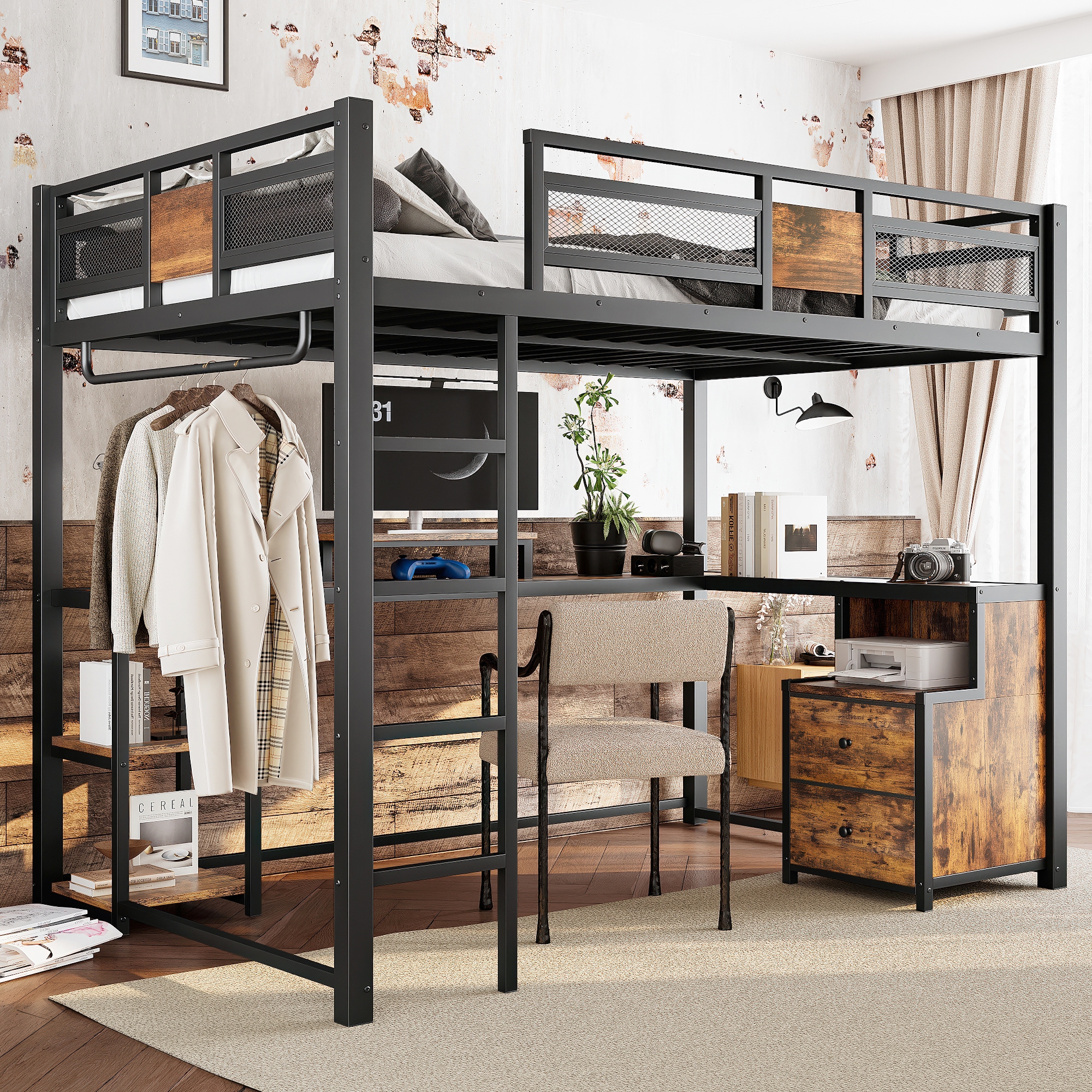 Loebelle  Black Full Metal Loft Bed with Integrated Desk Raised Monitor Stand Hanging Clothes Rod 2 MDF Drawers Full Length Guardrails and 2-Tier Storage Shelves Noise-Free Design