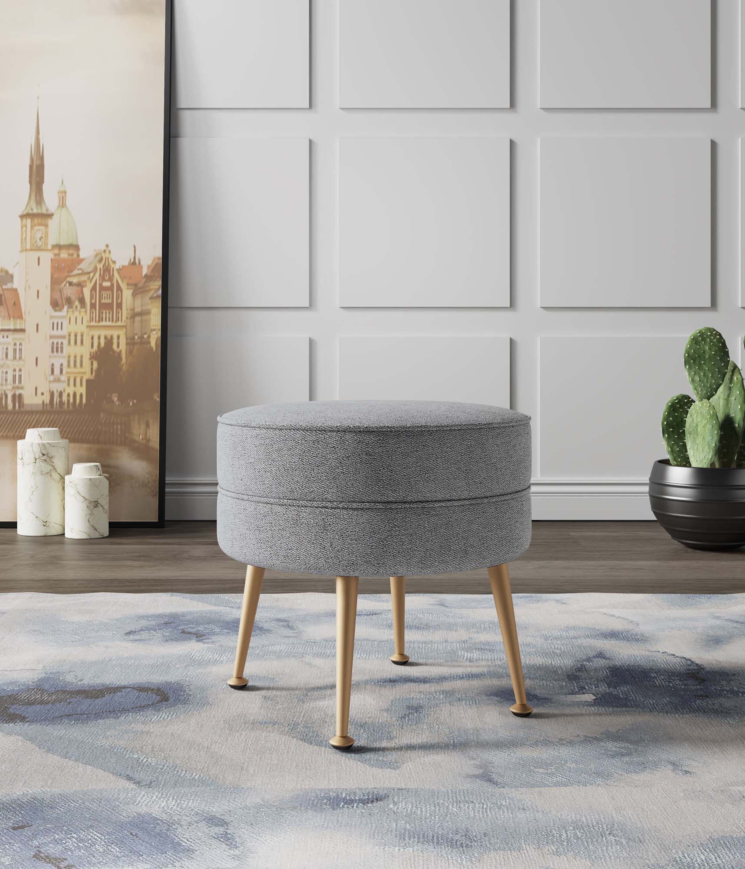 Bailey Round Gray Upholstered Ottoman with Gold Legs