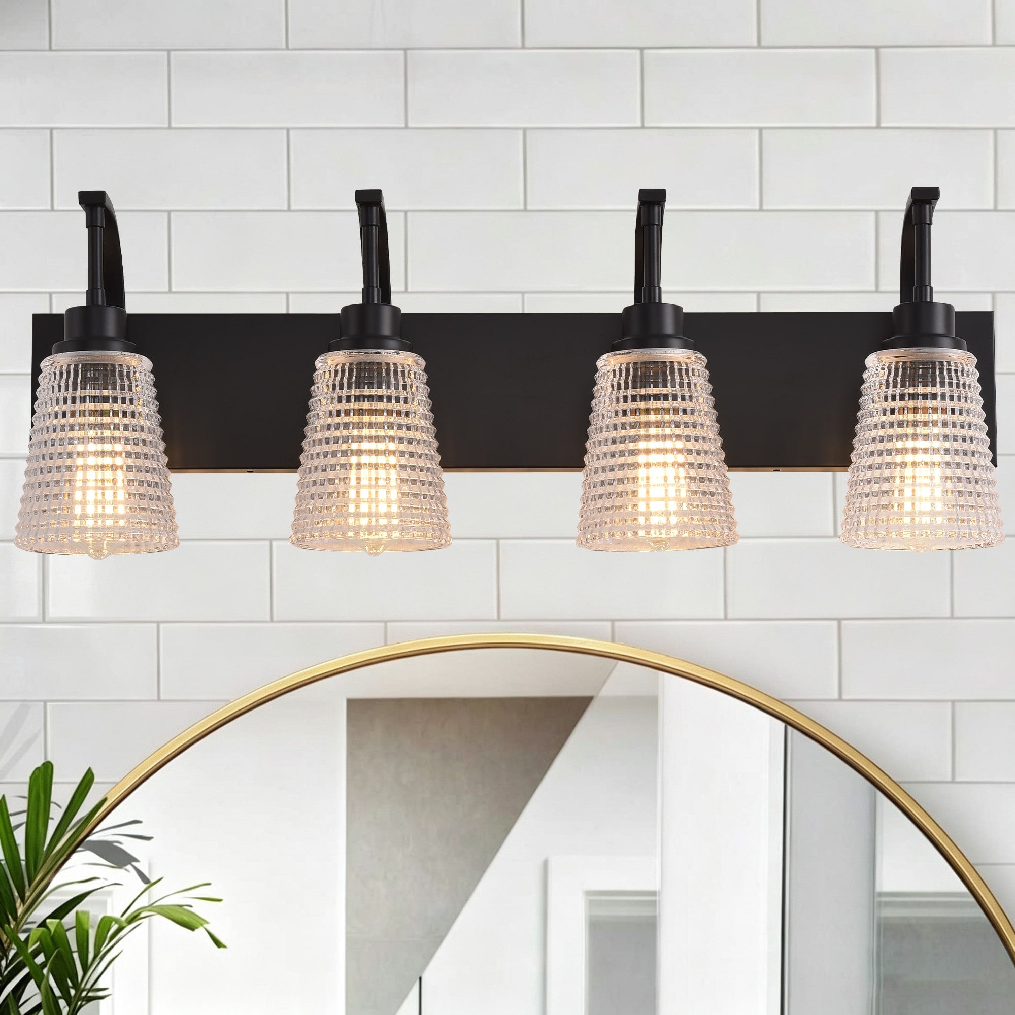 xersbav Matte Black Bathroom Vanity Light Modern Farmhouse Wall Sconce Lighting Fixture Vintage Wall Light with Clear Textured Glass Shades 4 Light for Bathroom Bedroom Living Spaces Hallway