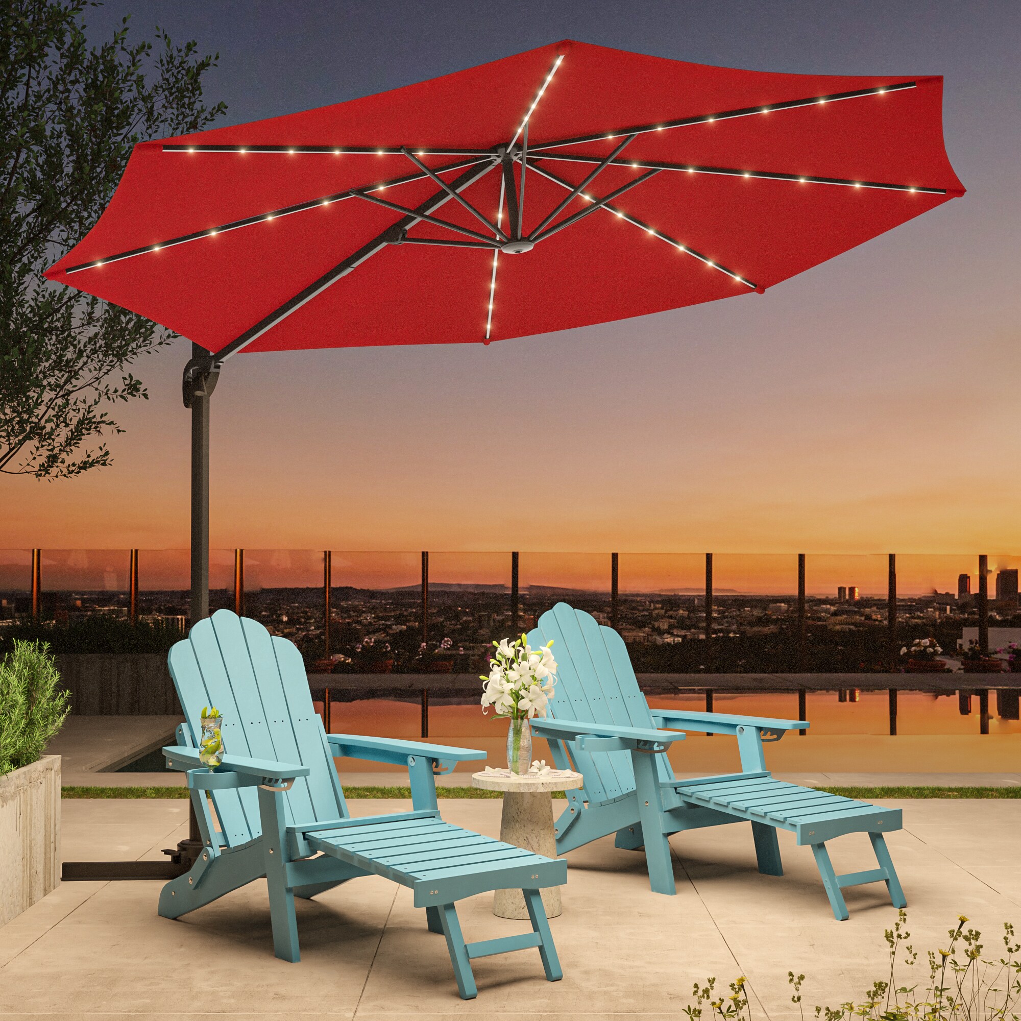 ACEGOSES LW-LED-330RD 10-ft Steel Red No-tilt Cantilever Patio Umbrella with Lights