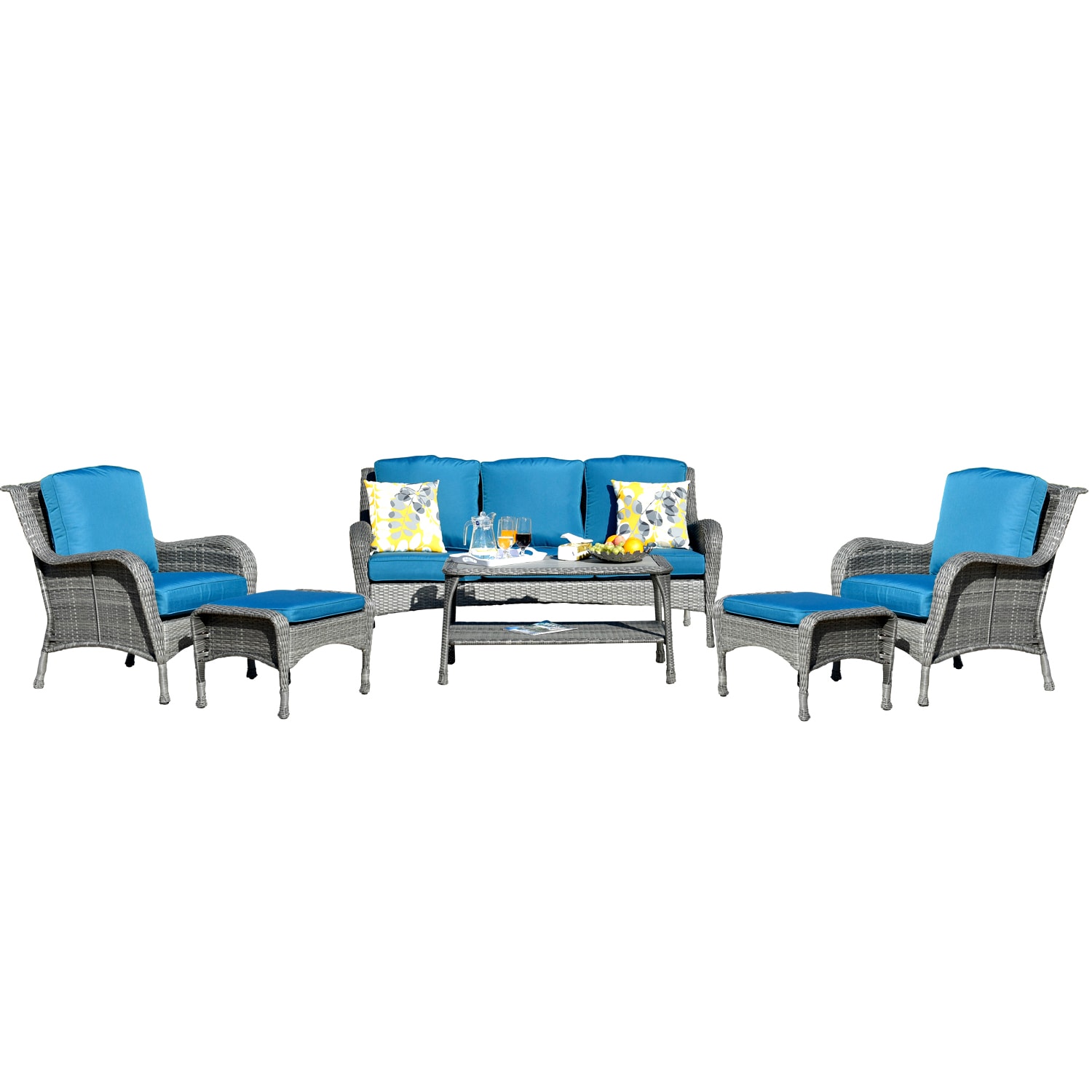Ovios KS100 Kenard 6 -Piece Rattan Patio Sofa Conversation Set with Blue Cushions